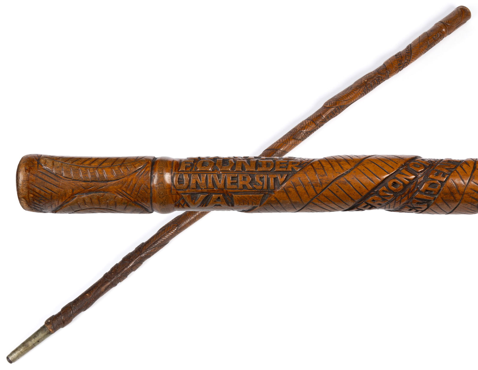 THOMAS JEFFERSON CRADDOCK (ALBEMARLE CO., VIRGINIA, B. 1845) FOLK ART CARVED CANE / WALKING STICK: THOMAS JEFFERSON CRADDOCK (ALBEMARLE CO., VIRGINIA, B. 1845) FOLK ART CARVED CANE / WALKING STICK, carved designs featuring foliate devices, fish, a bird, and a snake encircling the bottom of the shaf