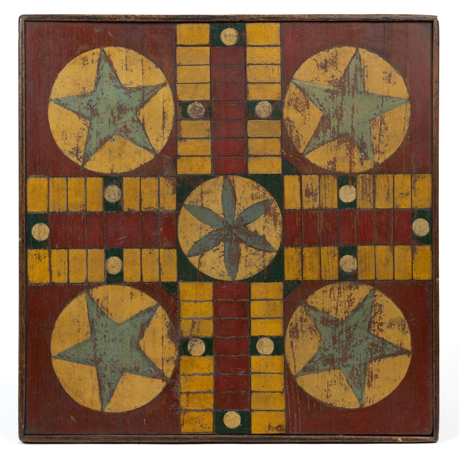 NEW ENGLAND FOLK ART PAINTED PINE GAMEBOARD: NEW ENGLAND FOLK ART PAINTED PINE GAMEBOARD, single-sided square form with applied edge moldings, incised and polychrome-painted layout, unfinished backgammon layout to reverse. Retains its likely ori