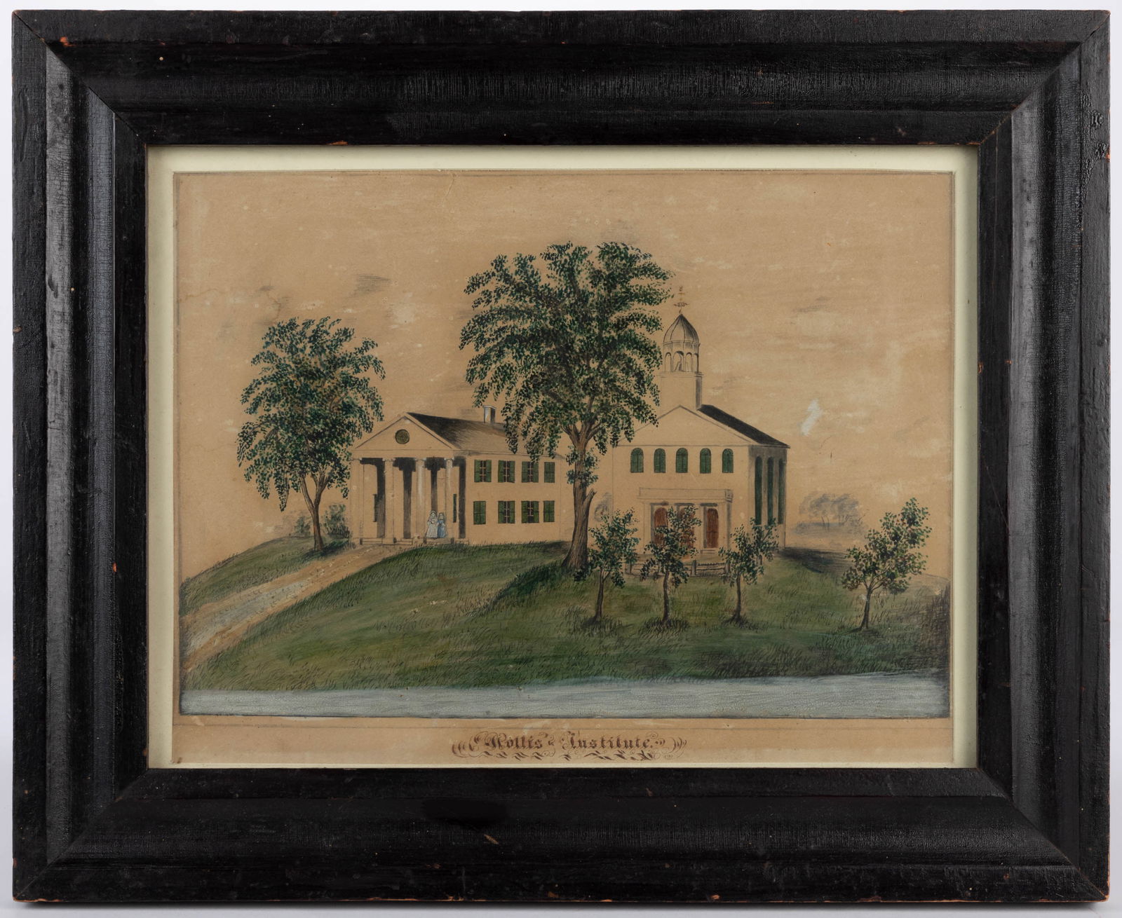 SOUTH BRAINTREE, MASSACHUSETTS "HOLLIS INSTITUTE" FOLK ART DRAWING: SOUTH BRAINTREE, MASSACHUSETTS "HOLLIS INSTITUTE" FOLK ART DRAWING, watercolor and ink on paper, depicting the Greek Revival residence of John Ruggles Hollis (1778-1842), which served as hom