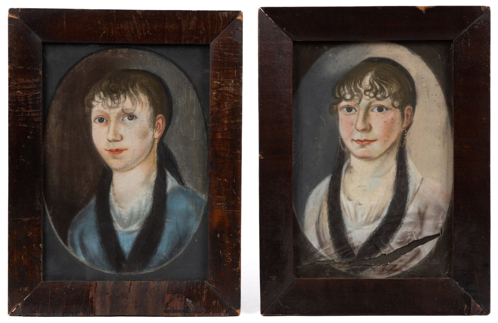 PAIR OF AMERICAN OR EUROPEAN SCHOOL (19TH CENTURY) PORTRAITS OF SISTERS: PAIR OF AMERICAN OR EUROPEAN SCHOOL (19TH CENTURY) PORTRAITS OF SISTERS, pastel on paper, in the manner of Frederick Kemmelmeyer (c.1733-1821) each a bust-length depiction of a youthful sitter wearing