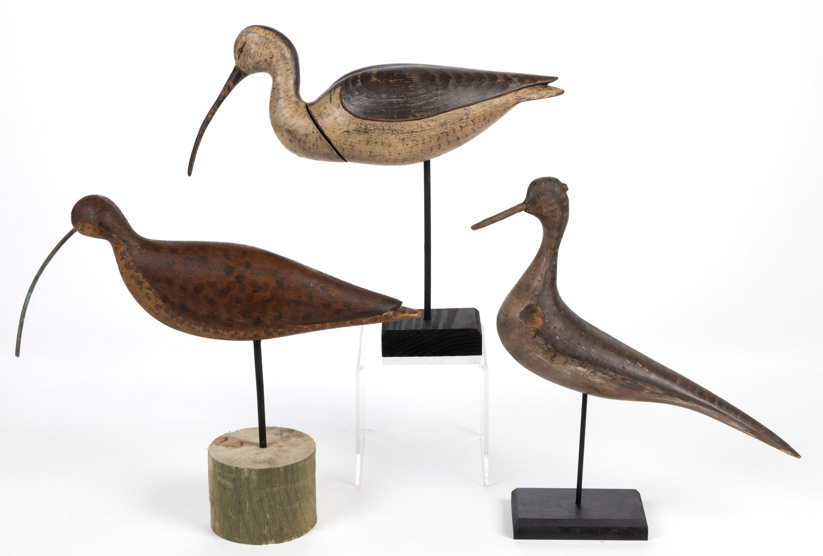 AMERICAN FOLK ART CARVED AND PAINTED SHOREBIRD DECOYS, LOT OF THREE: AMERICAN FOLK ART CARVED AND PAINTED SHOREBIRD DECOYS, LOT OF THREE, each hand-carved and polychrome-painted, comprising three different types, two mounted to black wooden bases and one mounted to a r