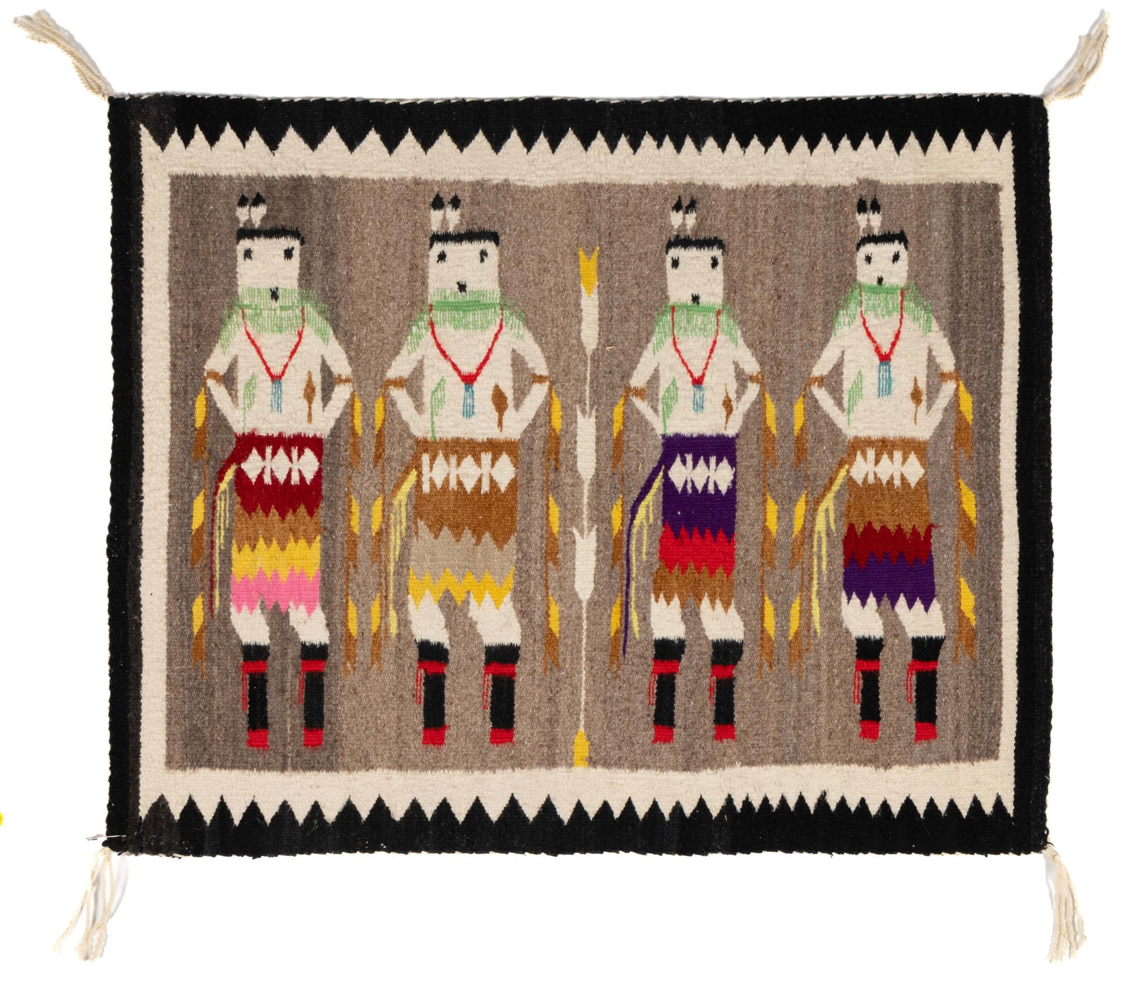 BETTY BEGAY (NAVAJO) NATIVE AMERICAN YEI WOOL SMALL RUG: BETTY BEGAY (NAVAJO) NATIVE AMERICAN YEI WOOL SMALL RUG, polychrome colors, featuring four Yei Be Chei / Yeibichai dancers, center with a cornstalk, double border to all four sides having sawtoot