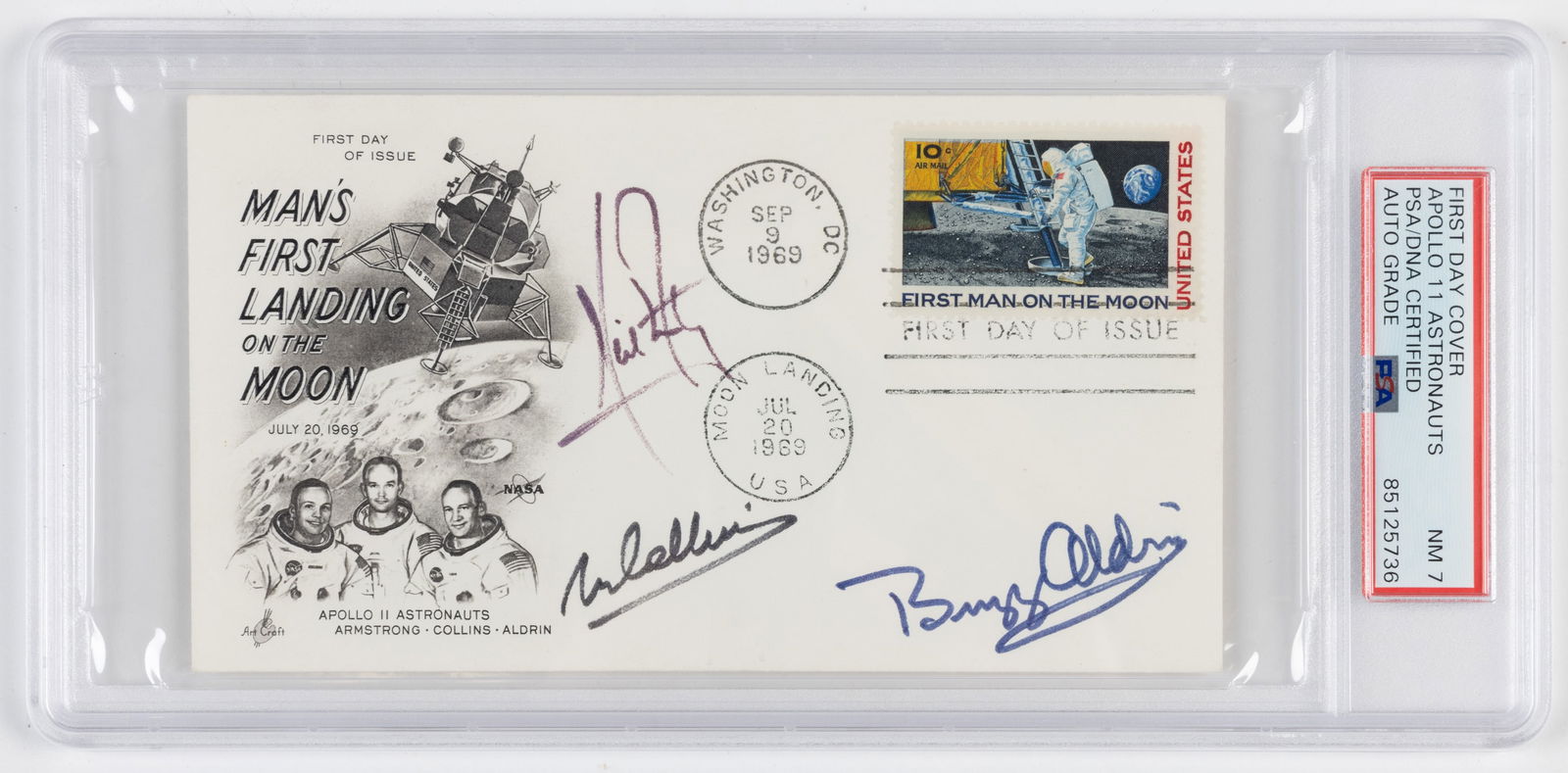 FINE AND RARE APOLLO 11 CREW-SIGNED "FIRST MAN ON THE MOON" FIRST-DAY COVER: FINE AND RARE APOLLO 11 CREW-SIGNED "FIRST MAN ON THE MOON" FIRST-DAY COVER, cancellations dated September 6, 1969, Washington, DC, and July 20, 1969, Moon Landing, USA, official Art Craft c