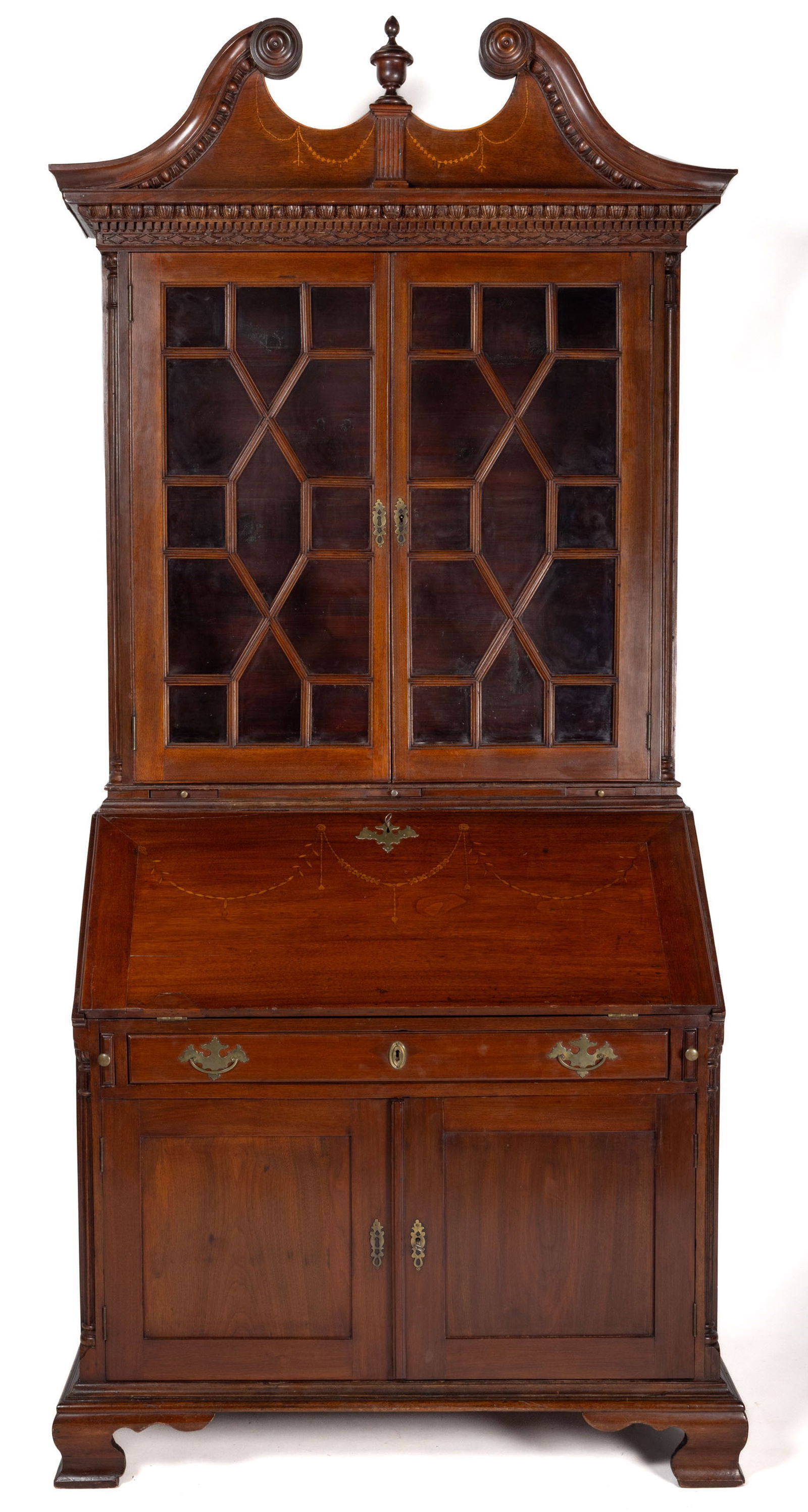 IMPORTANT JOHN SHEARER (VIRGINIA / WEST VIRGINIA, ACTIVE 1790-1820) ATTRIBUTED, CARVED AND INLAID: IMPORTANT JOHN SHEARER (VIRGINIA / WEST VIRGINIA, ACTIVE 1790-1820) ATTRIBUTED, CARVED AND INLAID WALNUT DESK AND BOOKCASE, (updated 6/11/2024) two-piece construction, the upper case featuring bold br