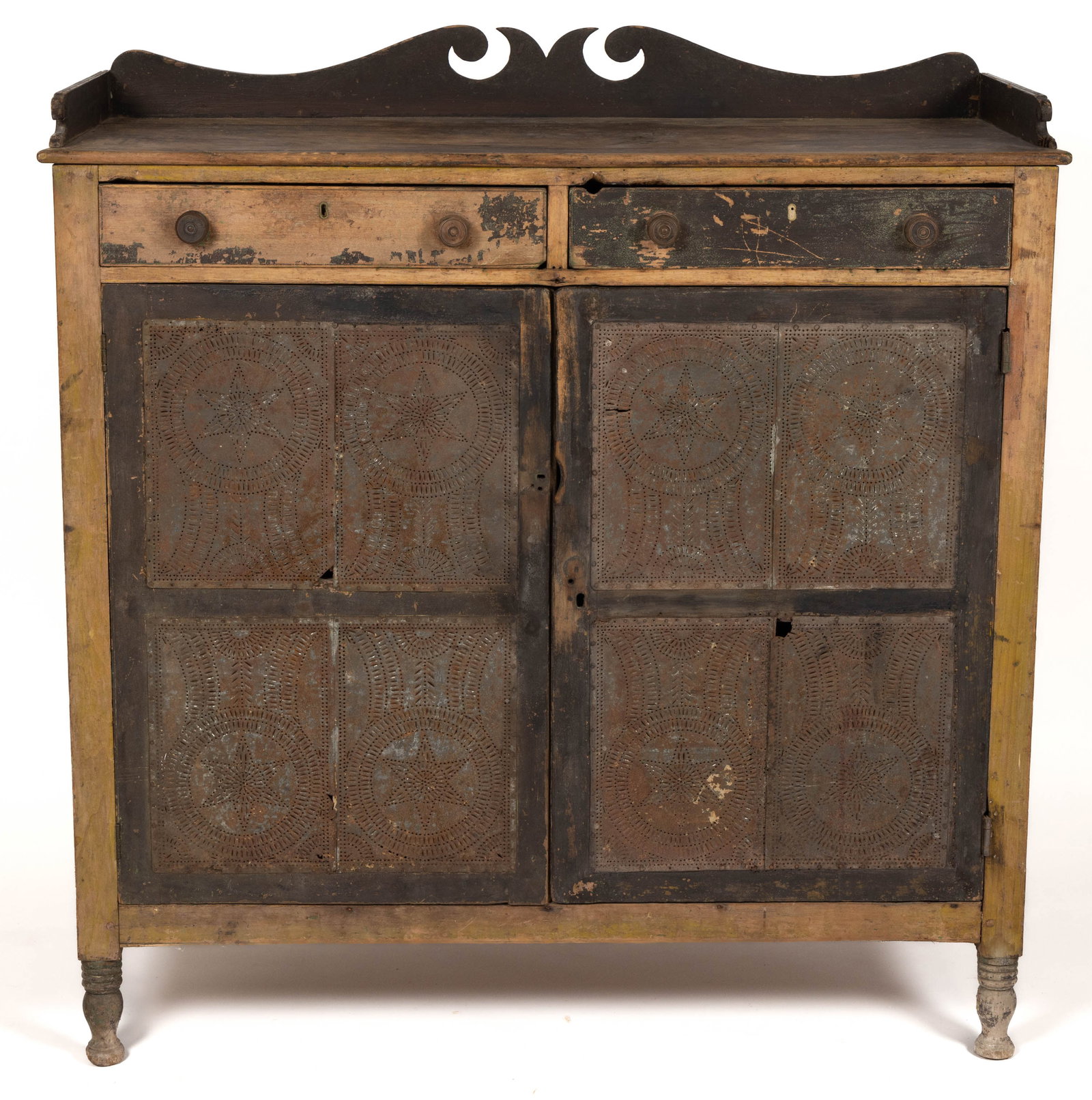 VALLEY OF VIRGINIA PAINTED POPLAR PUNCHED-TIN-PANELED FOOD / PIE SAFE: VALLEY OF VIRGINIA PAINTED POPLAR PUNCHED-TIN-PANELED FOOD / PIE SAFE, sideboard form, the top featuring an applied boldly cut-out dovetailed gallery, the sides having scratch-beaded top edges, above