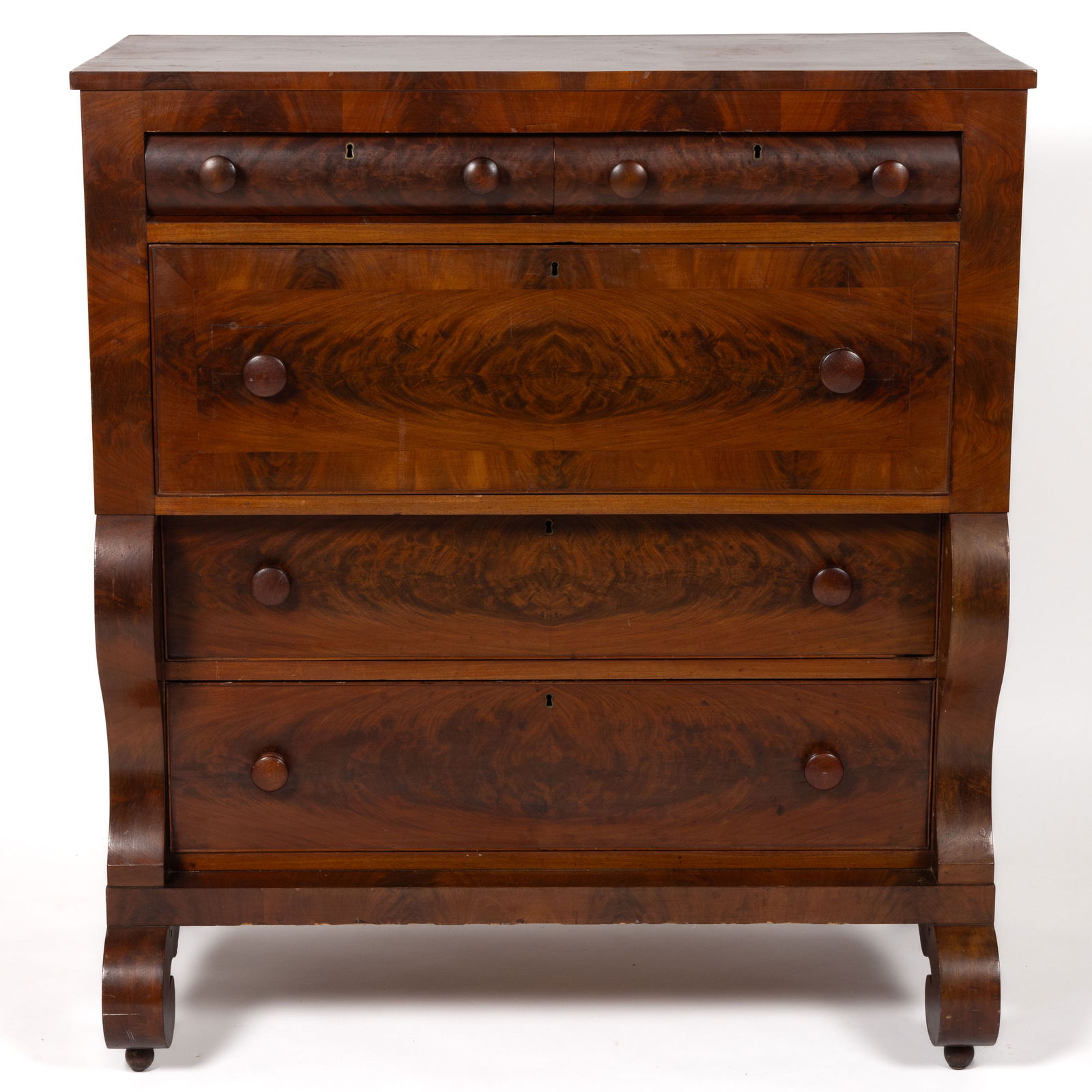 JAMES WOODWARD (1769-1839, NORFOLK, VIRGINIA), ATTRIBUTED, CLASSICAL MAHOGANY BUTLER'S DESK: JAMES WOODWARD (1769-1839, NORFOLK, VIRGINIA), ATTRIBUTED, CLASSICAL MAHOGANY BUTLER'S DESK, the rectangular top above two swell-front short drawers over a rectangular top above hinged fall b
