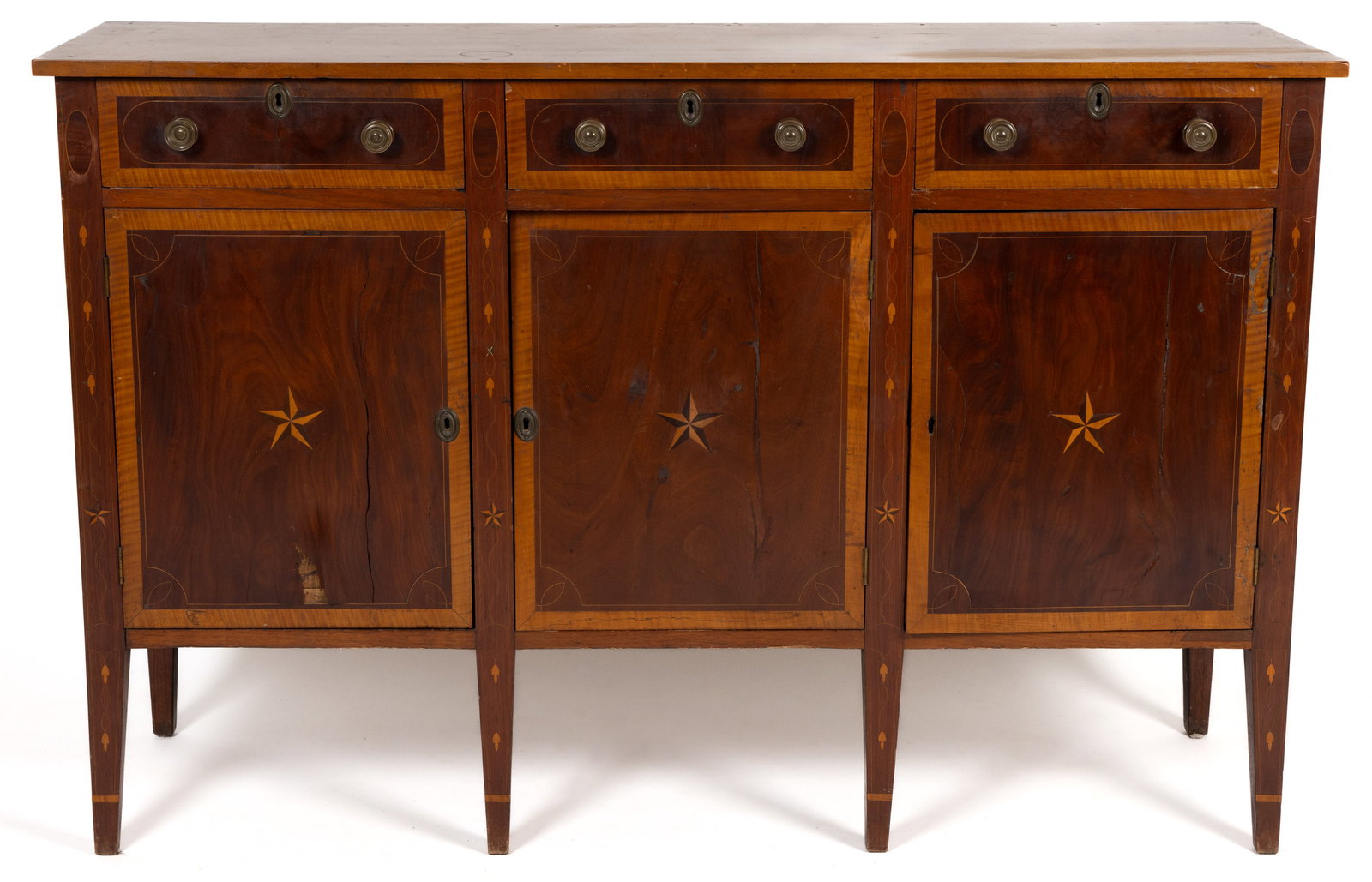 PIEDMONT, NORTH CAROLINA, ATTRIBUTED, FEDERAL INLAID WALNUT AND MAPLE SIDEBOARD: PIEDMONT, NORTH CAROLINA, ATTRIBUTED, FEDERAL INLAID WALNUT AND MAPLE SIDEBOARD, the rectangular top with a slight overhang over three short drawers each with string-inlaid oval design framed by&