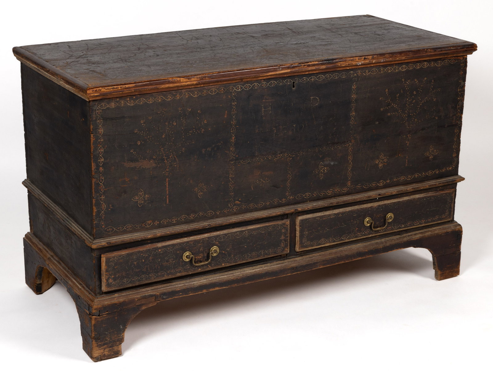 MID-ATLANTIC / SOUTHERN, POSSIBLY NORTH CAROLINA, PAINT DECORATED POPLAR BLANKET CHEST: MID-ATLANTIC / SOUTHERN, POSSIBLY NORTH CAROLINA, PAINT DECORATED POPLAR BLANKET CHEST, the hinged lid with applied yellow pine edge moldings, above a dovetailed case lacking its interior li