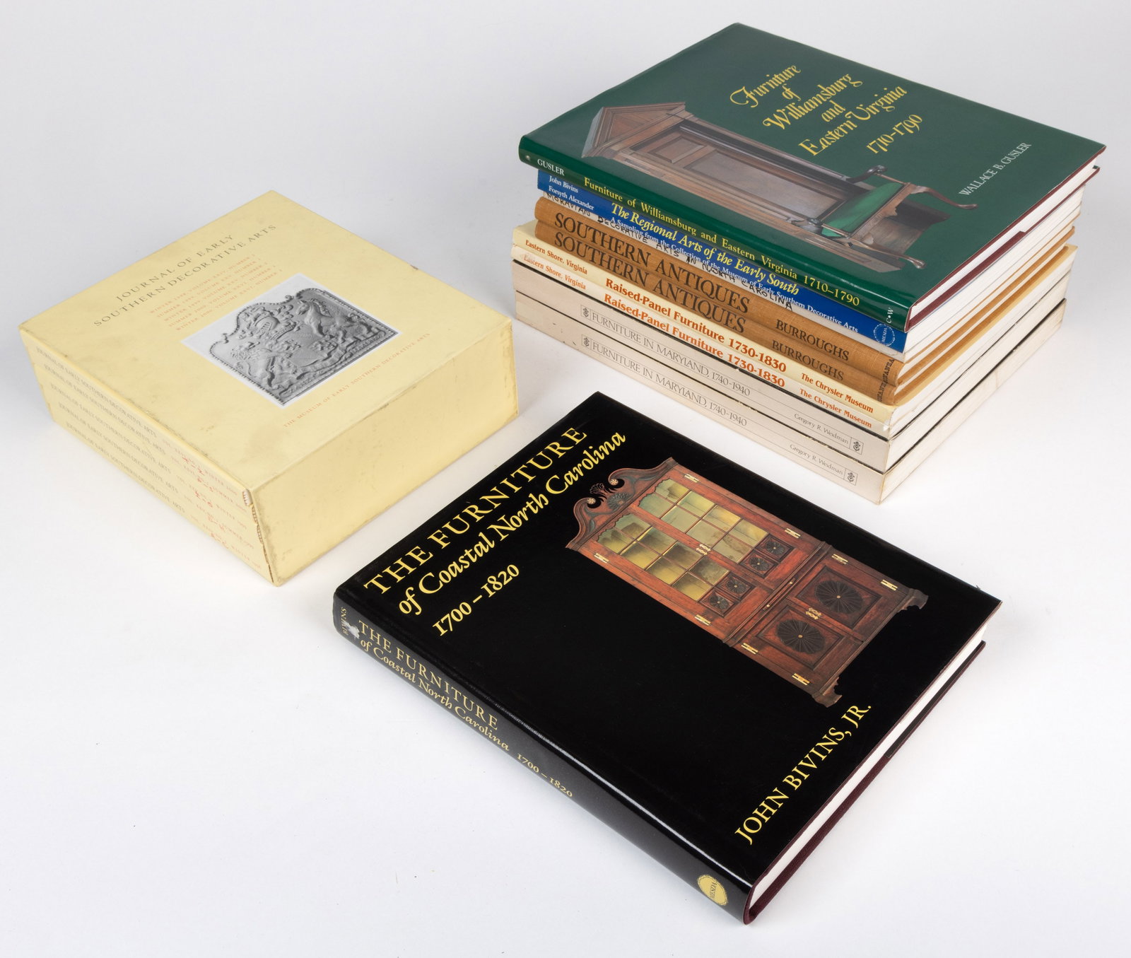 SOUTHERN FURNITURE AND DECORATIVE ARTS REFERENCE VOLUMES, LOT OF 15: SOUTHERN FURNITURE AND DECORATIVE ARTS REFERENCE VOLUMES, LOT OF 15, including Bivins, The Furniture of Coastal North Carolina 1700-1820; Melchor/Lohr/Melchor, Eastern Shore, Virginia Raised