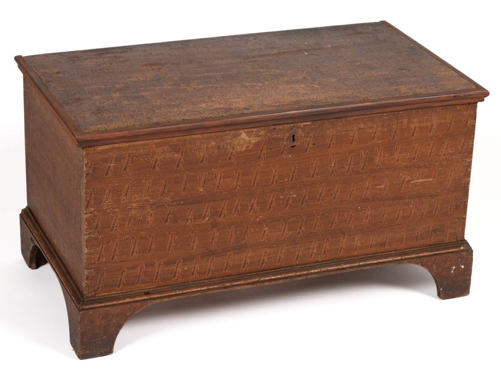 PENNSYLVANIA PAINT-DECORATED POPLAR DIMINUTIVE BLANKET CHEST: PENNSYLVANIA PAINT-DECORATED POPLAR DIMINUTIVE BLANKET CHEST, the rectangular lid with applied molded edge over a dovetailed case with interior lidded till constructed of walnut, the whole raised on a