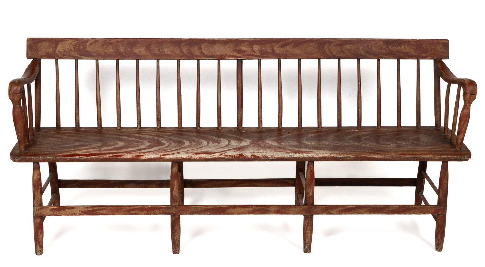AMERICAN PAINT-DECORATED WINDSOR SETTEE / BENCH: AMERICAN PAINT-DECORATED WINDSOR SETTEE / BENCH, with shaped planked seat, sloped arms, and tablet-style crest rail. Modern painted surface. Circa 1840. 31 1/2" HOA, 14 1/2" x 72" seat.