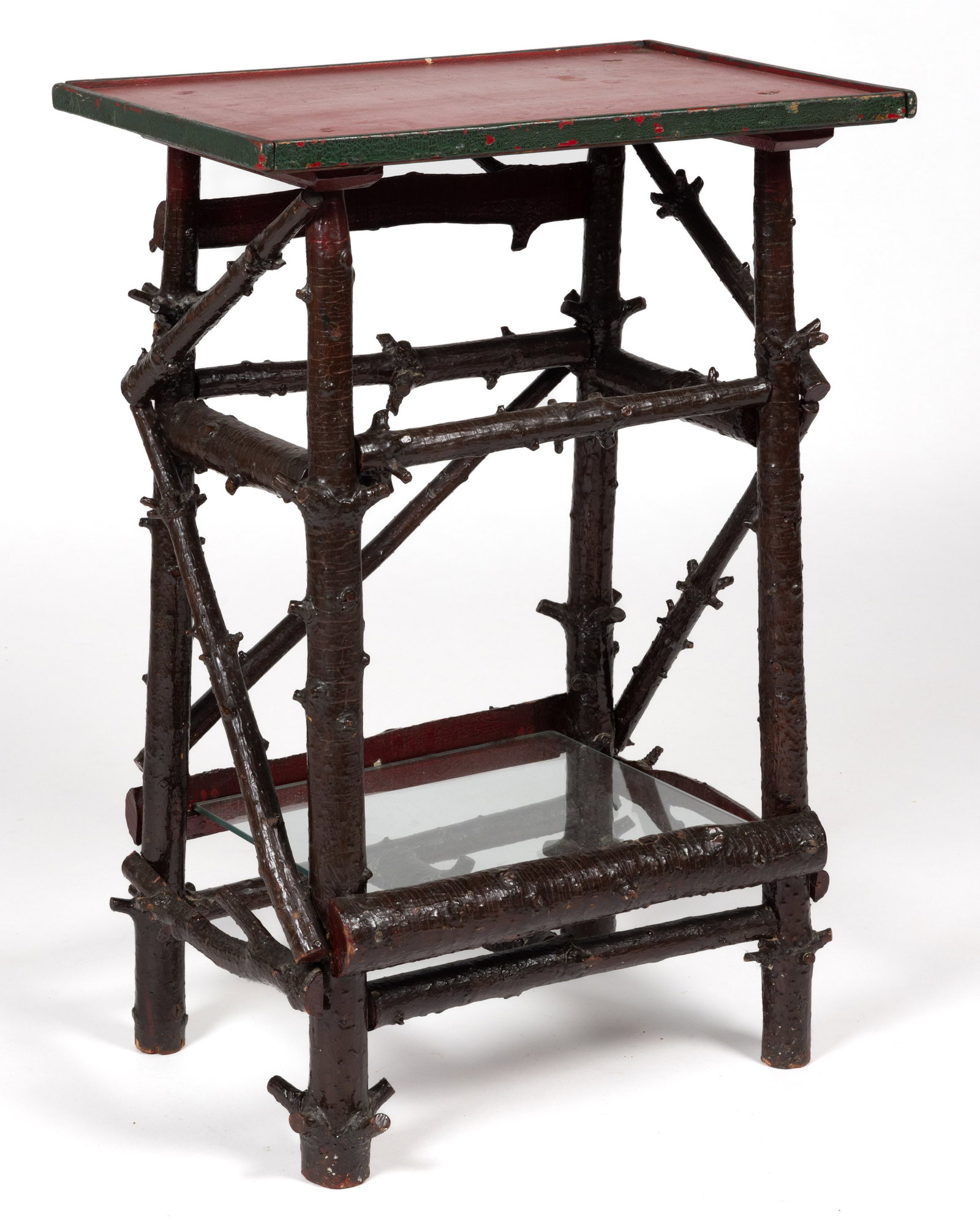 AMERICAN ADIRONDACK-STYLE PAINTED TWIG SIDE TABLE: AMERICAN ADIRONDACK-STYLE PAINTED TWIG SIDE TABLE, the rectangular top supported by naturalistic cut branches connected by various box stretcher pieces, the lower section with a glass shelf. Retains a