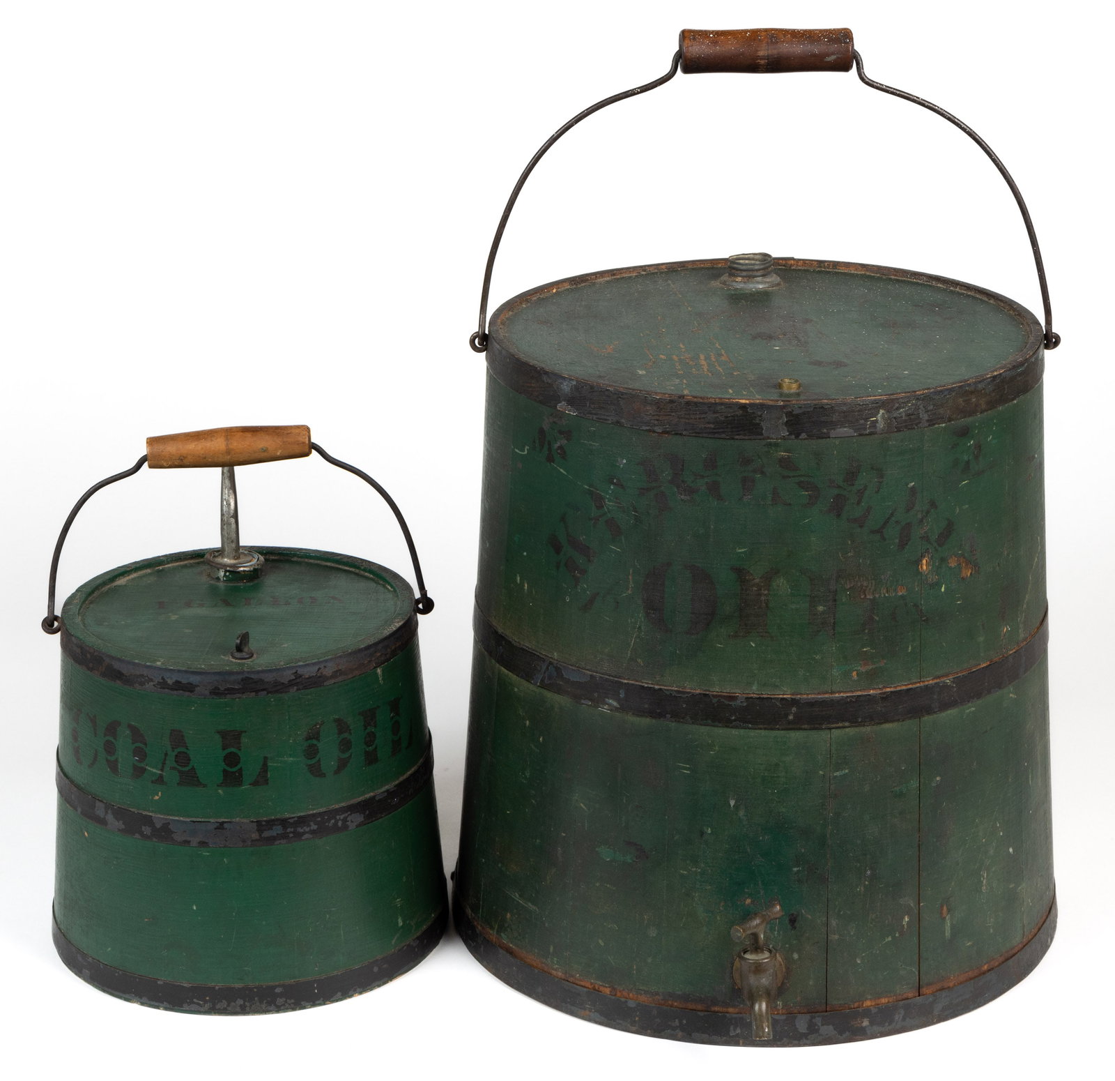 NEW HAMPSHIRE PAINTED KEROSENE AND COAL OIL BARRELS / CANS, LOT OF TWO: NEW HAMPSHIRE PAINTED KEROSENE AND COAL OIL BARRELS / CANS, LOT OF TWO, each of tapered, coopered form secured with three metal bands, and with original bail handle. The smallest stenciled "