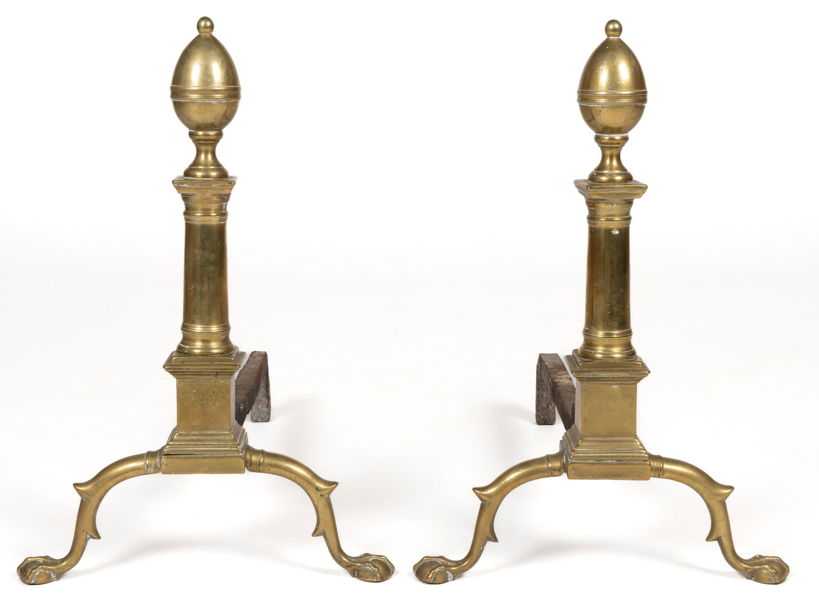 AMERICAN FEDERAL BRASS AND IRON ANDIRONS, PAIR: AMERICAN FEDERAL BRASS AND IRON ANDIRONS, PAIR, lemon-form tops with an additional ball-top finial, lemon-form element with a medial band having a tiny punched dot band decoration, square-form plinth