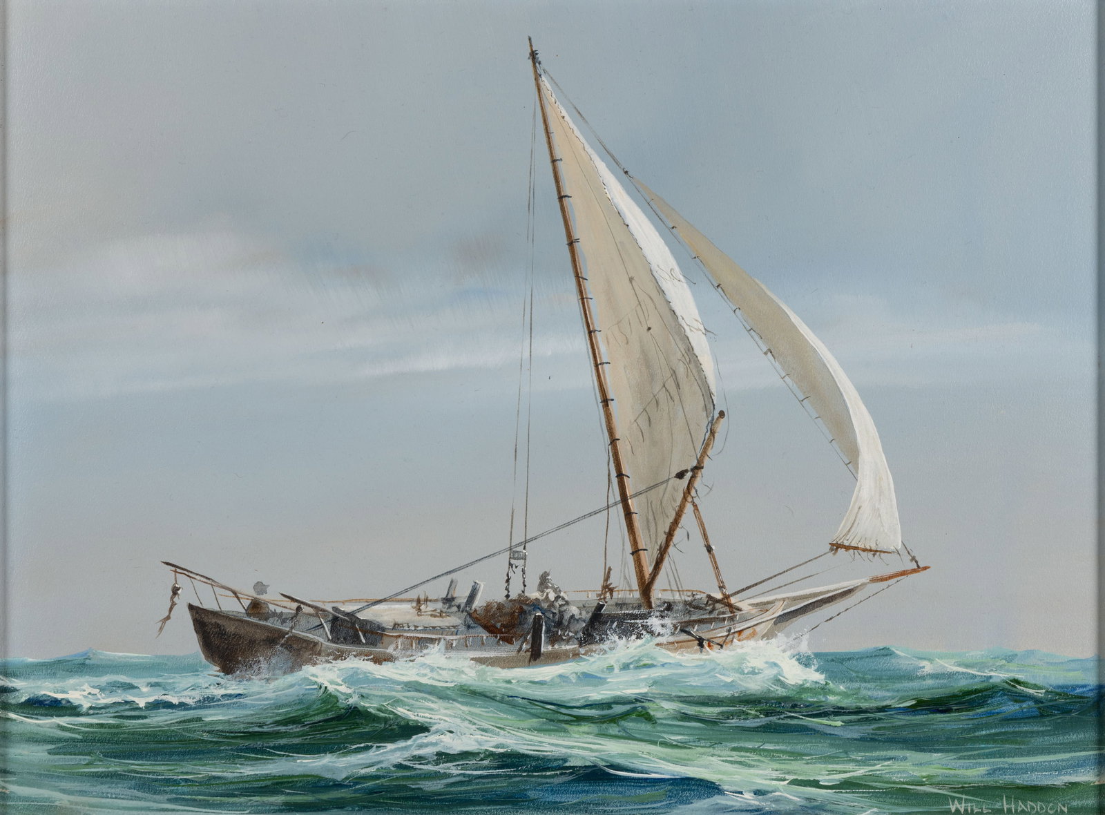 WILL HADDON (RICHMOND, VIRGINIA, 1928-1982) NAUTICAL PAINTING: WILL HADDON (RICHMOND, VIRGINIA, 1928-1982) NAUTICAL PAINTING, acrylic on masonite, depicting a boat traversing rough seas with sails fully raised. Signed lower right "WILL HADDON". Housed in original