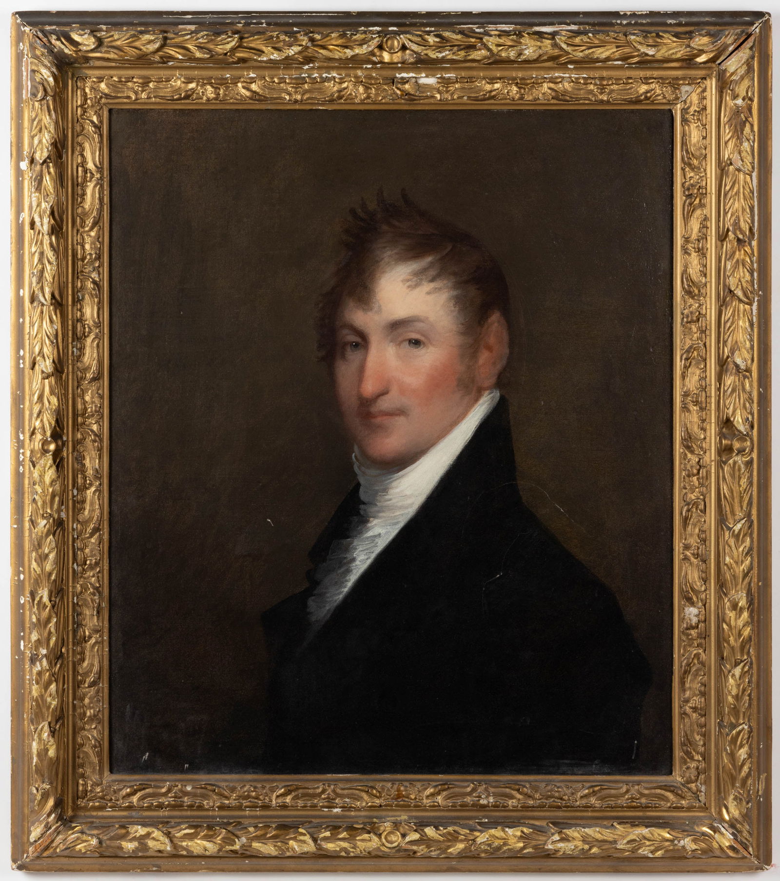 GILBERT STUART (AMERICAN, 1755-1828) ATTRIBUTED, PORTRAIT OF A GENTLEMAN: GILBERT STUART (AMERICAN, 1755-1828) ATTRIBUTED, PORTRAIT OF A GENTLEMAN, oil on panel, a bust-length depiction of a gentleman with light brown hair and blue eyes, dressed in a high-collared black jac