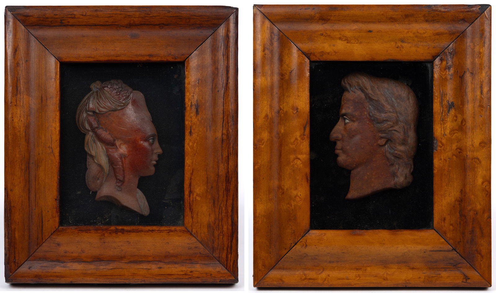 AMERICAN OR BRITISH SCHOOL WAX PORTRAITS, LOT OF TWO: AMERICAN OR BRITISH SCHOOL WAX PORTRAITS, LOT OF TWO, comprising a female bust facing right, old inscription verso reads "Mrf Martha / Washington"; and a depiction of a man facing left,