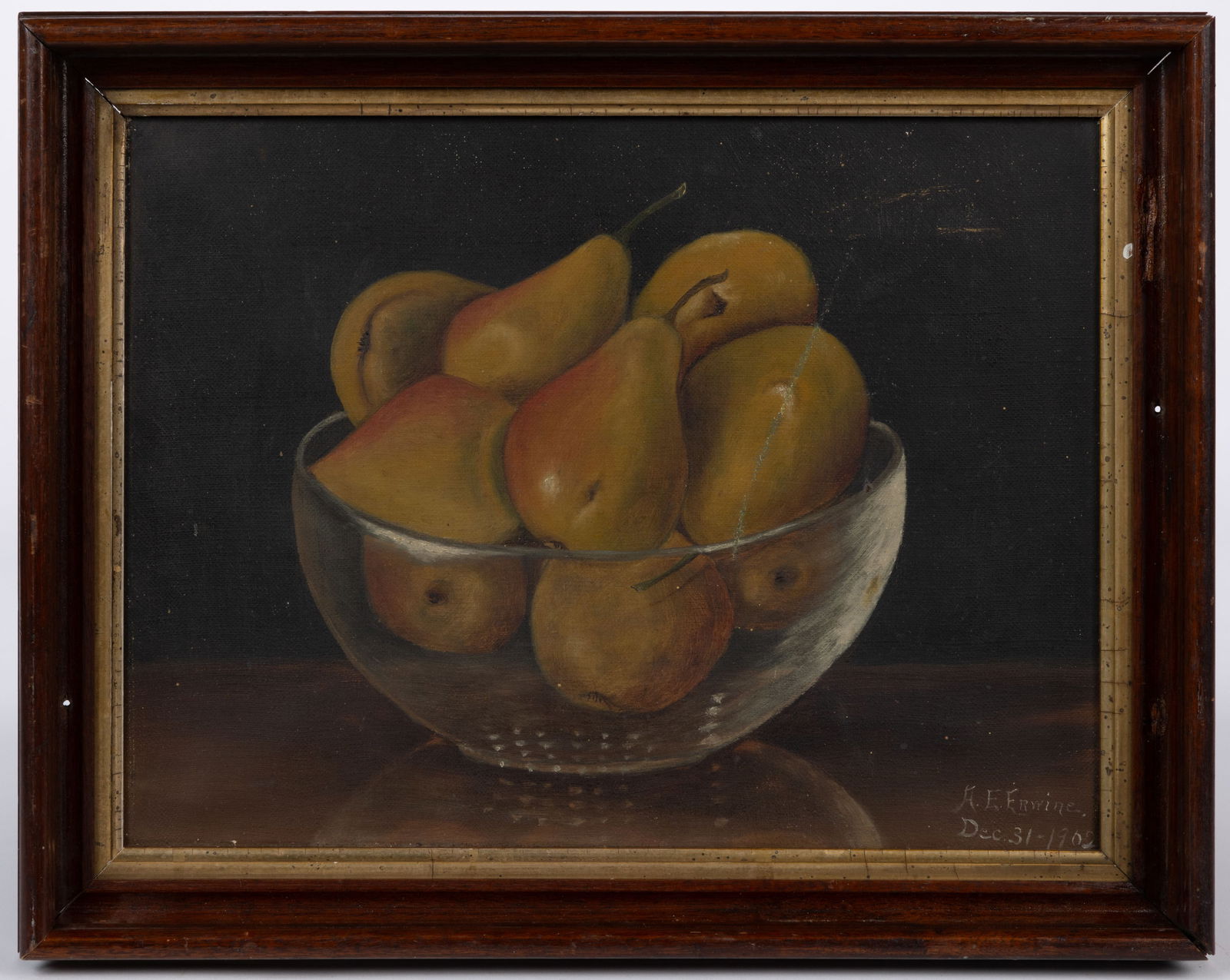 AMERICAN SCHOOL (19TH CENTURY) FOLK ART STILL-LIFE PAINTING OF PEARS: AMERICAN SCHOOL (19TH CENTURY) FOLK ART STILL-LIFE PAINTING OF PEARS, oil on canvas, depicting a glass bowl of the fruit sitting on a table against a dark background. Signed lower right "A.E. Erw