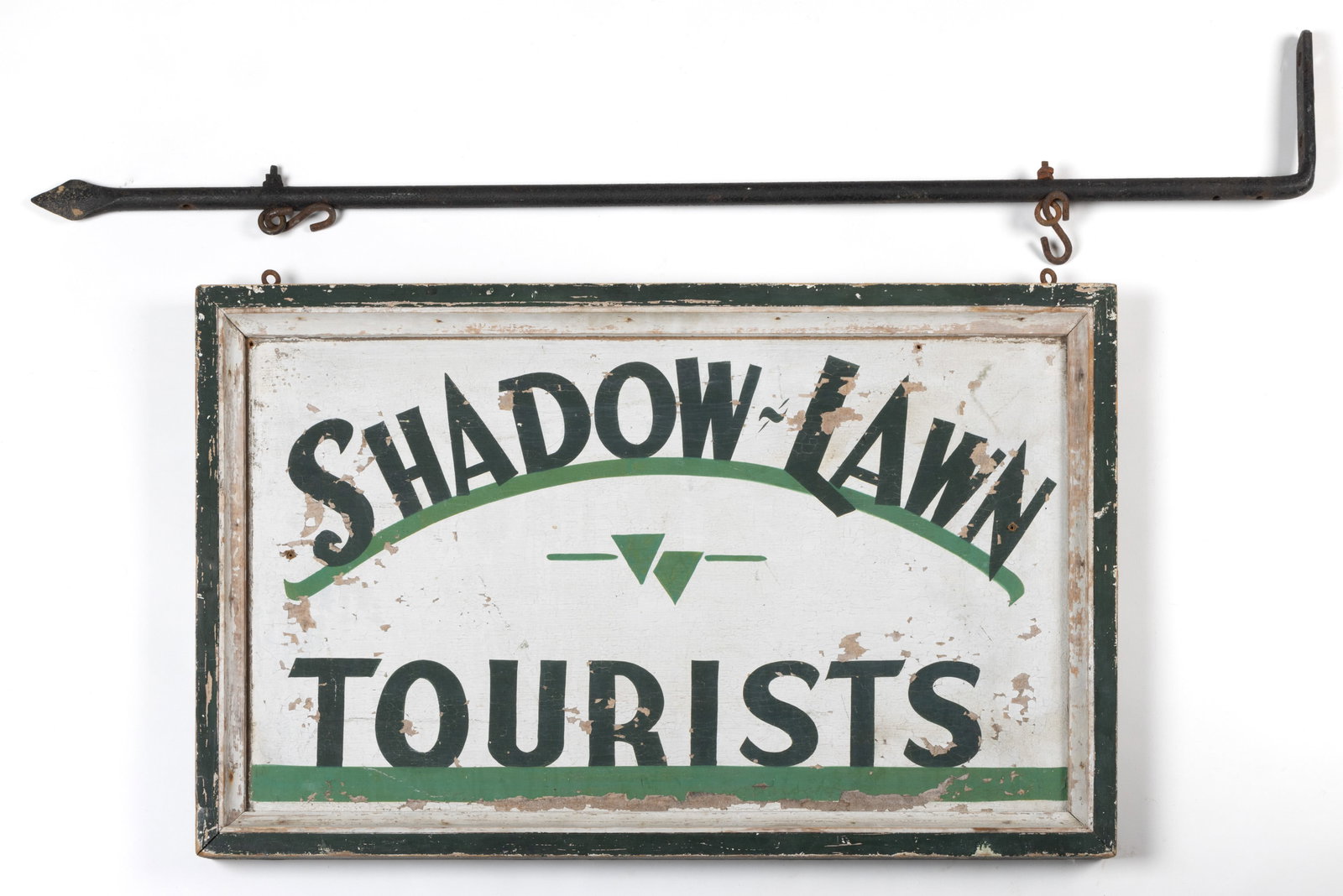 AMERICAN / CANADIAN FOLK ART PAINTED WOODEN INN TRADE SIGN: AMERICAN / CANADIAN FOLK ART PAINTED WOODEN INN TRADE SIGN, rectangular double-sided form, wooden construction with a molded frame, retains original painted surface with black letters on a white 