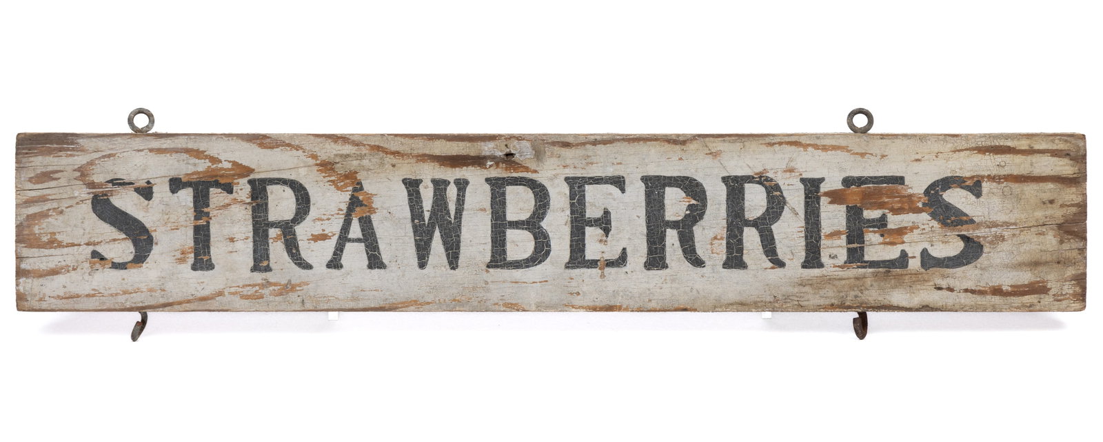 AMERICAN FOLK ART PAINTED WOODEN "STRAWBERRIES" SIGN: AMERICAN FOLK ART PAINTED WOODEN "STRAWBERRIES" SIGN, painted white pine, double-sided design, a white base with black block lettering reading "STRAWBERRIES", two hooks on the