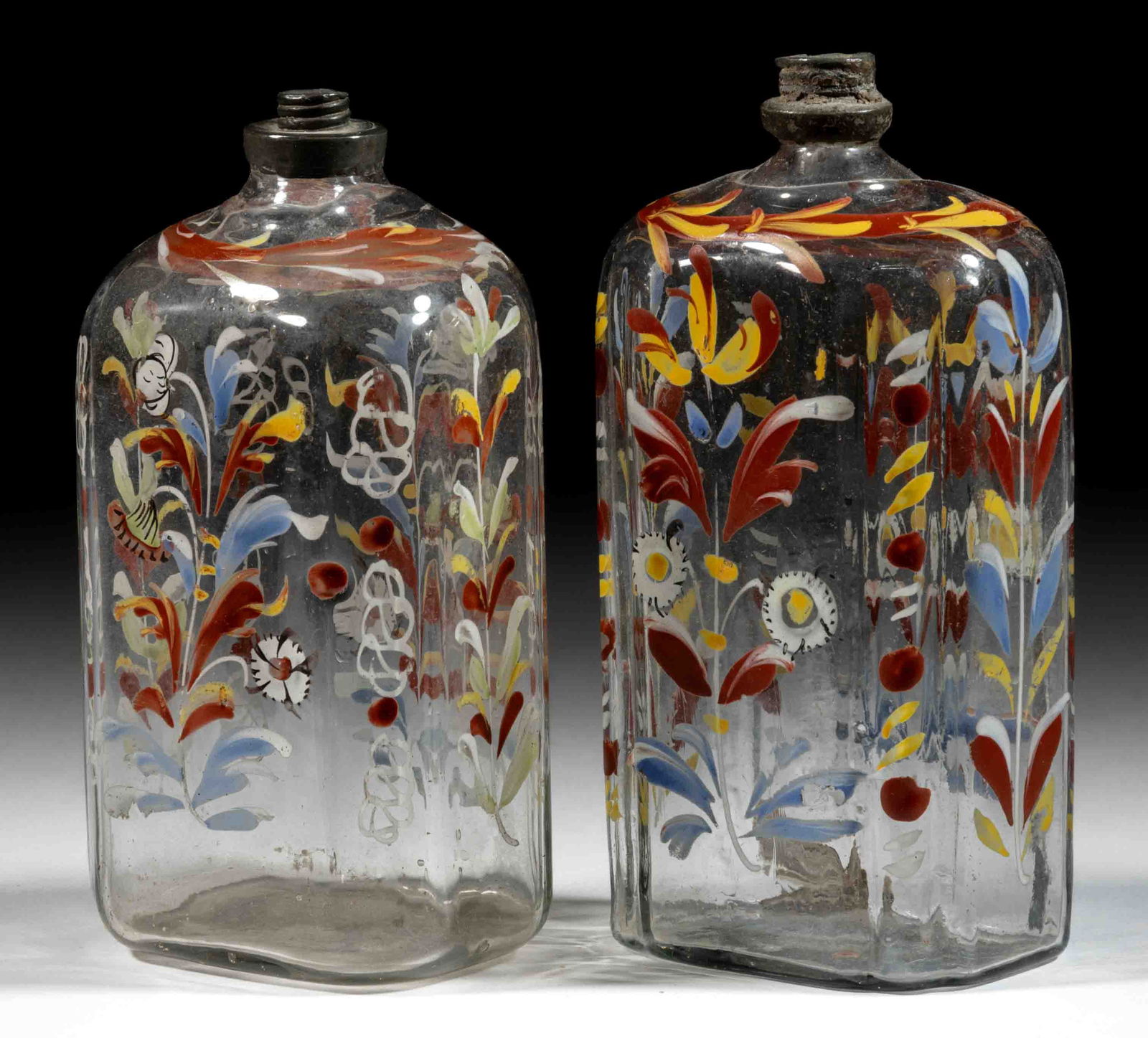 HALF-POST BLOWN AND DECORATED "STIEGEL-TYPE" BOTTLES / FLASKS, LOT OF TWO (1 of 1)