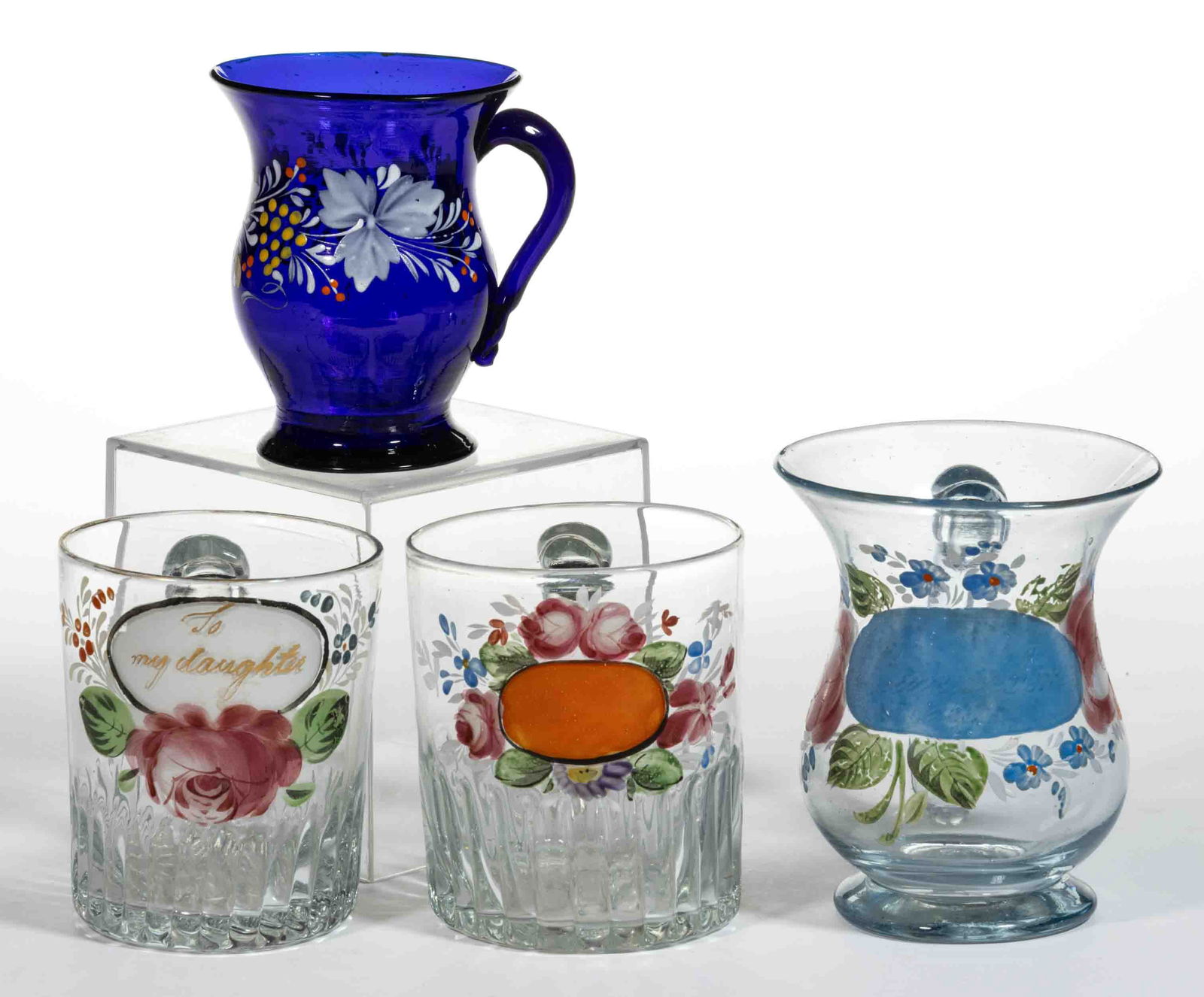 ENGLISH BLOWN AND ENAMEL-DECORATED MUGS, LOT OF FOUR (1 of 2)