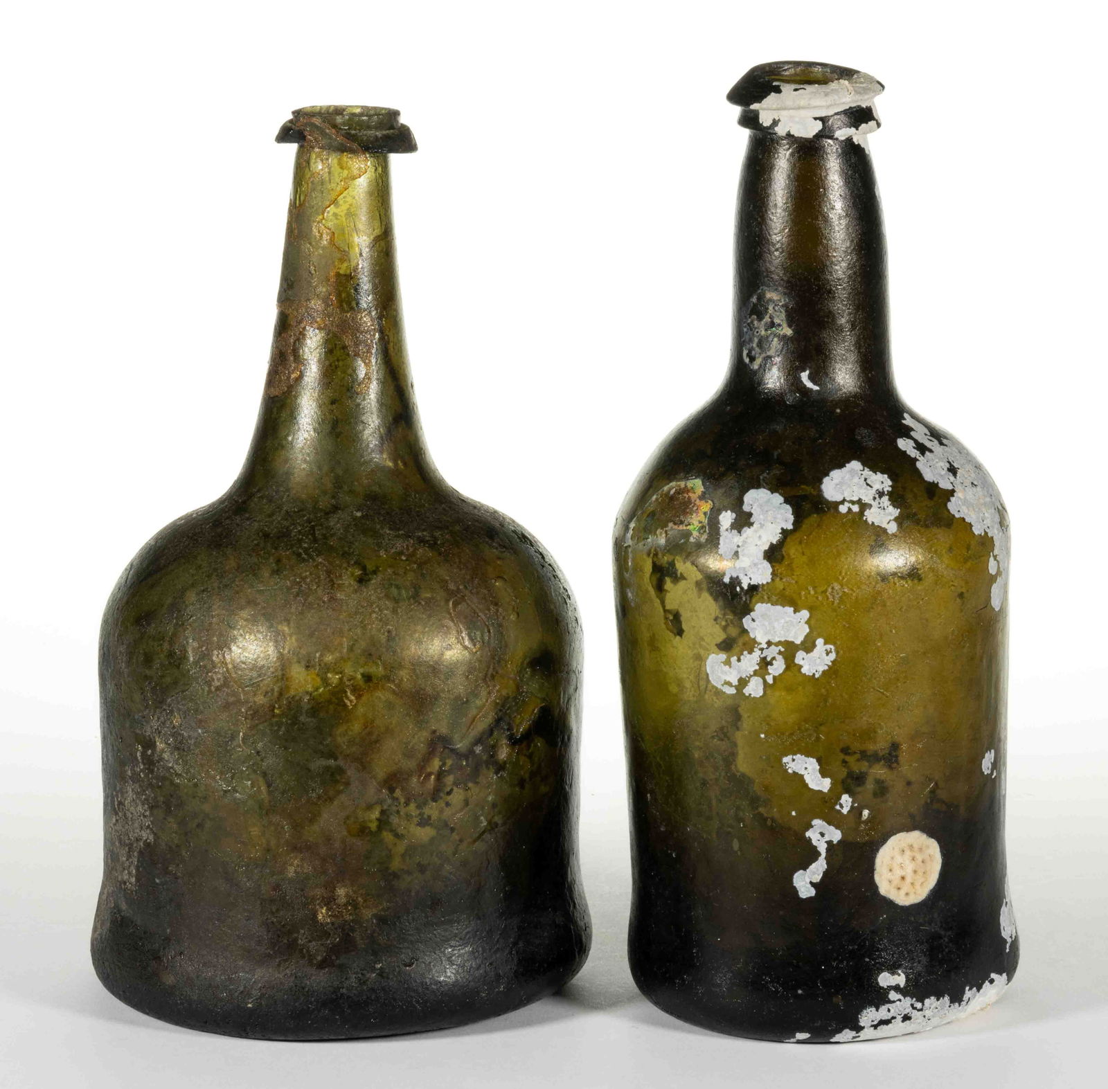 ENGLISH FREE-BLOWN BLACK GLASS SQUAT CYLINDRICAL UTILITY BOTTLES, LOT OF TWO (1 of 3)