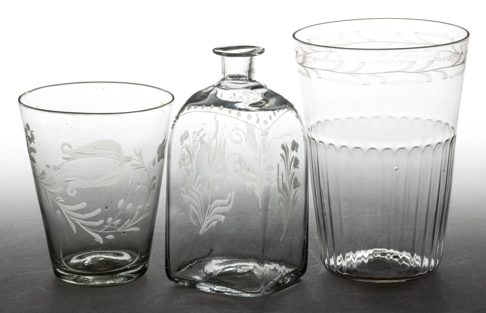 FREE-BLOWN / PATTERN MOLDED AND ENGRAVED "STIEGEL-TYPE" DRINKING ARTICLES, LOT OF THREE (1 of 1)