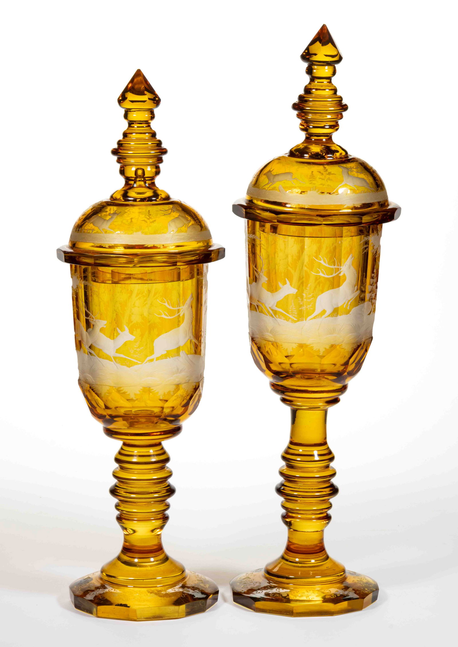 PAIR OF BOHEMIAN CUT AND ENGRAVED LARGE COVERED POKALS (1 of 2)