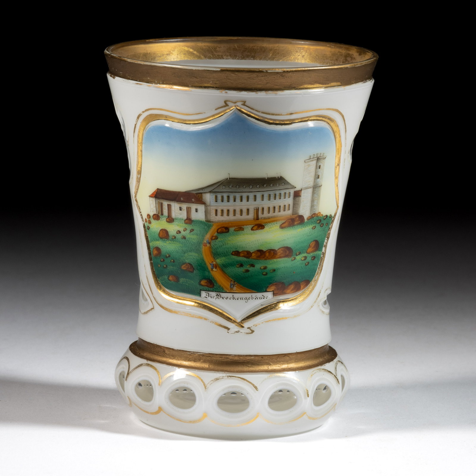 BOHEMIAN CUT-OVERLAY AND TRANSFER-PRINT DECORATED BEAKER: BOHEMIAN CUT-OVERLAY AND TRANSFER-PRINT DECORATED BEAKER, opaque white to colorless, featuring floral cuts to the rear and punties around the foot, central reserve with transfer-printed polychrome ena