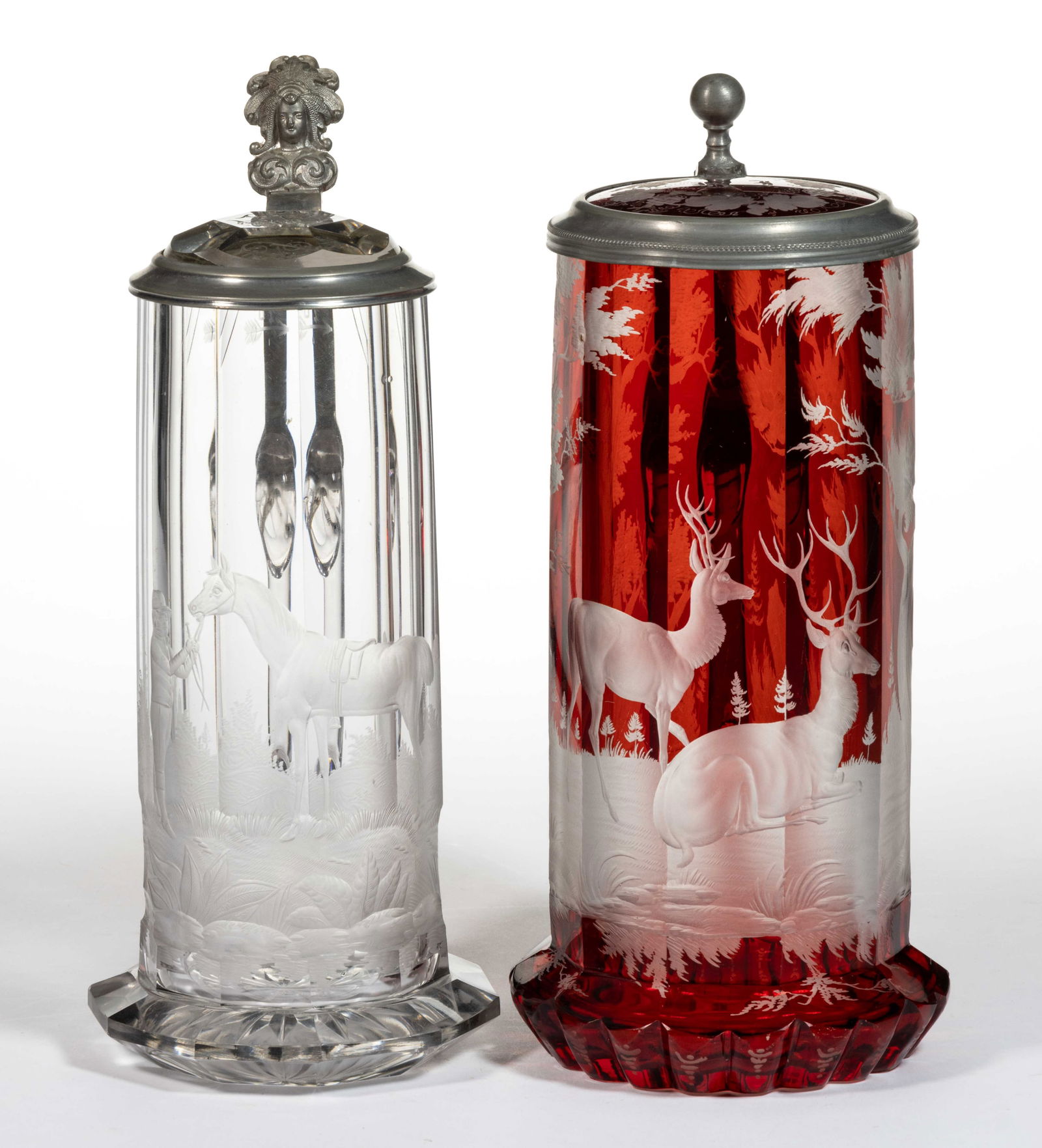 EUROPEAN CUT AND ENGRAVED GLASS STEINS / TANKARDS, LOT OF TWO (1 of 3)