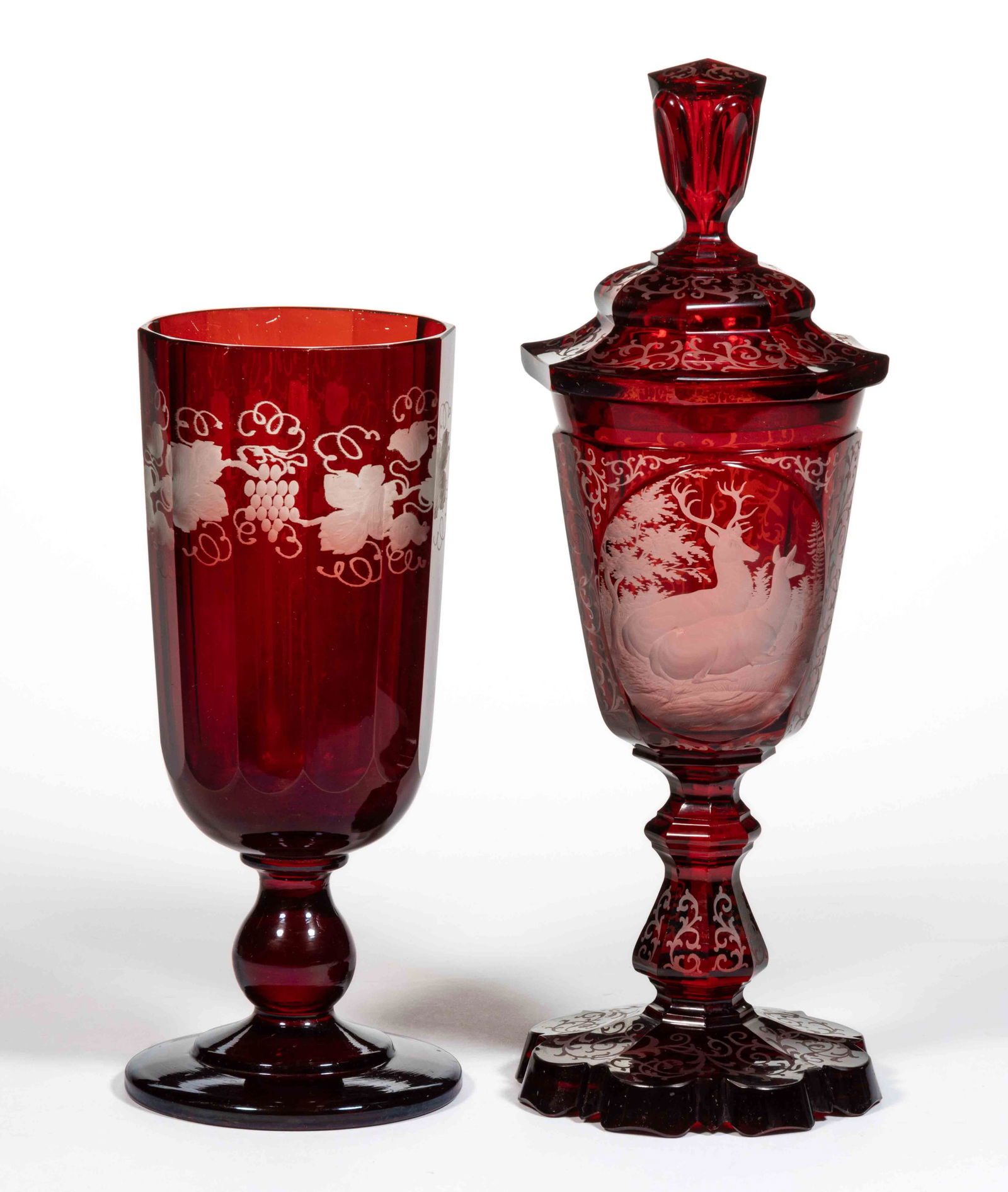 BOHEMIAN RUBY ENGRAVED GLASS ARTICLES, LOT OF TWO (1 of 1)