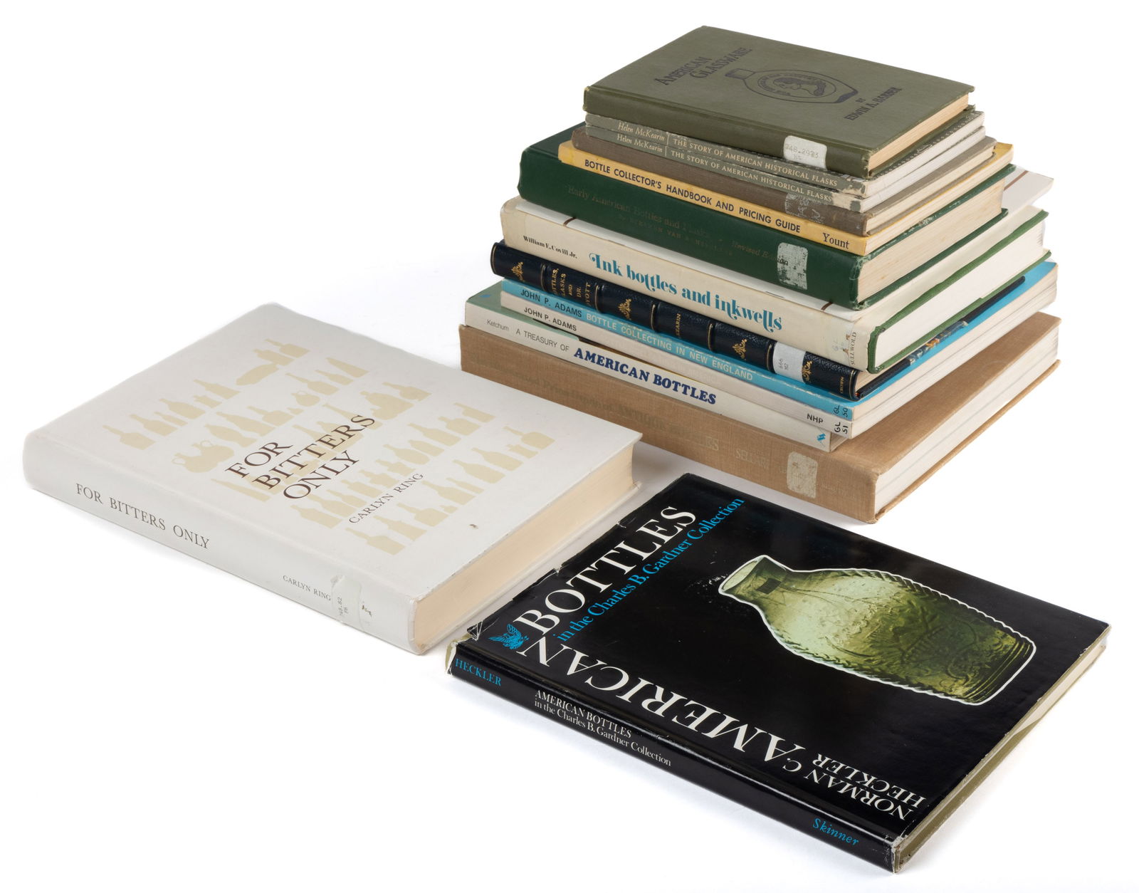 ASSORTED BOTTLE AND FLASK REFERENCE VOLUMES, LOT OF 15: ASSORTED BOTTLE AND FLASK REFERENCE VOLUMES, LOT OF 15, including Van Rensselaer, Early American Bottles and Flasks, Revised Edition (signed), with a laid-in post card and letter from Van Rensselaer t