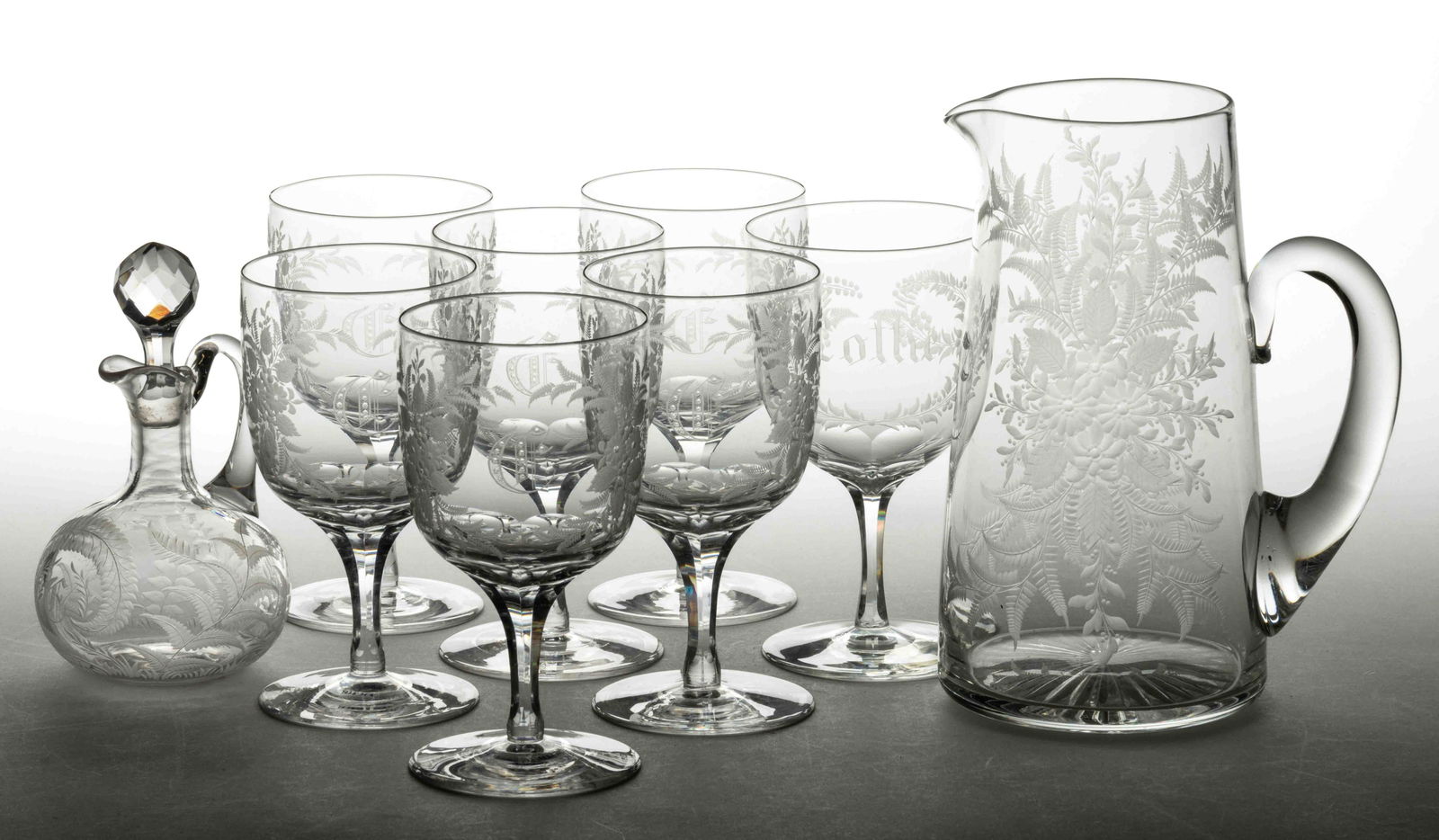 SANDWICH BLOWN AND ENGRAVED GLASS DRINKING ARTICLES, LOT OF NINE (1 of 2)