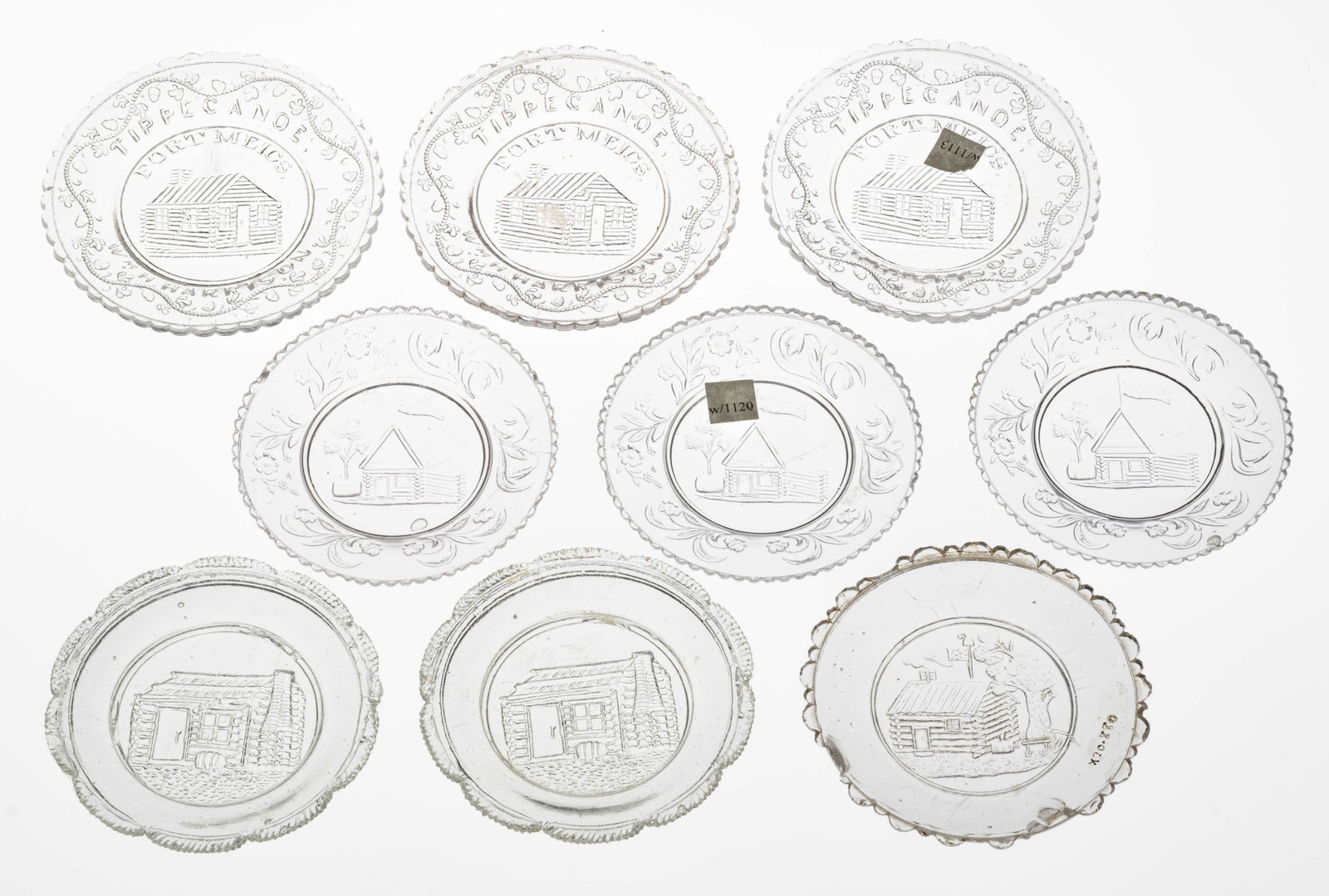 LEE/ROSE NO. 592, 593 (TWO), 594, 595 (TWO), AND 596 (THREE) CUP PLATES, LOT OF NINE: LEE/ROSE NO. 592, 593 (TWO), 594, 595 (TWO), AND 596 (THREE) CUP PLATES, LOT OF NINE, colorless, one No. 593 having a slight green tint, one 595 having a slight pink tint. Plentiful, scarce, and extre