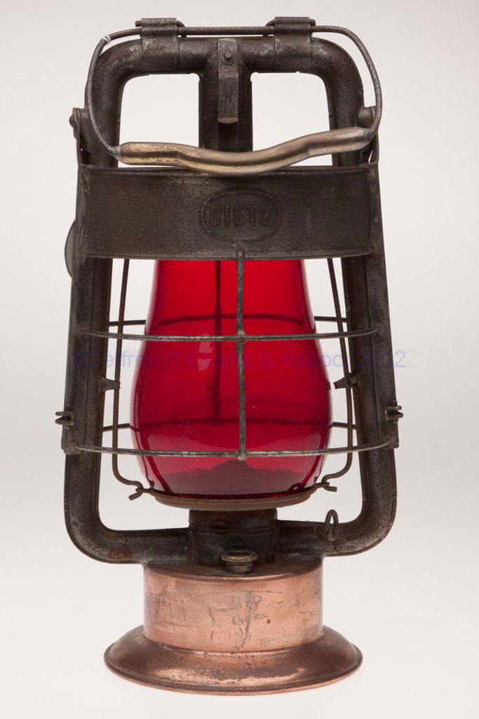 DIETZ "KING" FIRE DEPARTMENT SHEET IRON HOT BLAST T: DIETZ "KING" FIRE DEPARTMENT SHEET IRON HOT BLAST TUBULAR LANTERN, polished, bail handle and apparatus hook, wind guard embossed "DIETZ" to each side and "PATENTED AUG. 27.07" to one panel, font with