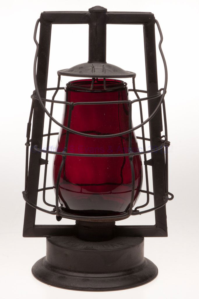 F. O. DEWEY CO. "MILL" SHEET IRON HOT BLAST TUBULAR: F. O. DEWEY CO. "MILL" SHEET IRON HOT BLAST TUBULAR LANTERN, painted matte black, bail handle, font embossed "DEWEY MILL TUBULAR", brass plate marked "F. O. DEWEY CO. MAKERS. BOSTON." and with side-re