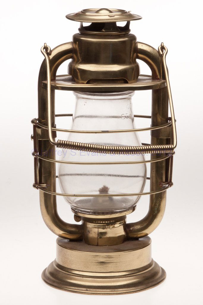 C. T. HAM MANUFACTURING CO. "GEM" BRASS COLD BLAST: C. T. HAM MANUFACTURING CO. "GEM" BRASS COLD BLAST TUBULAR LANTERN, polished, bail handle, top of font impressed "U. S. R.L.A." and with side-refill feature, colorless globe embossed "GEM C T H MFG. C