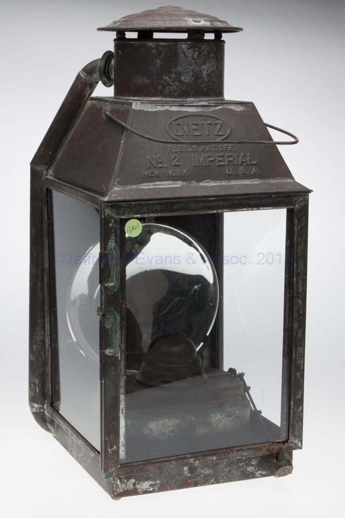 DIETZ "NO. 2 IMPERIAL" SHEET IRON COLD BLAST PLATFO: DIETZ "NO. 2 IMPERIAL" SHEET IRON COLD BLAST PLATFORM / SQUARE LANTERN, traces of green paint, square form with bail handle, back fitted with brackets for hanging, cover marked "DIETZ REG. U.S. PAT. O