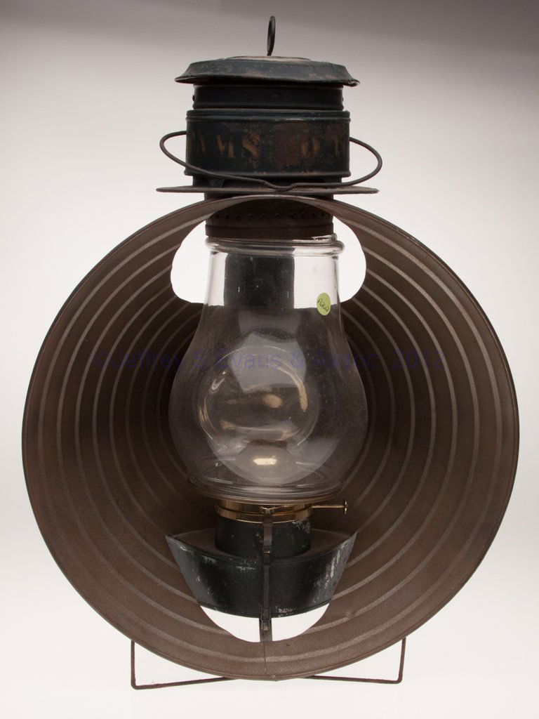 C. T. HAM MANUFACTURING CO. "NO. 40 MAMMOTH" SHEET: C. T. HAM MANUFACTURING CO. "NO. 40 MAMMOTH" SHEET IRON COLD BLAST TUBULAR SEARCH LANTERN, green paint, cover with worn stenciling "HAMS NO 40", bail handle and cap with ring handle, hook for wall mou