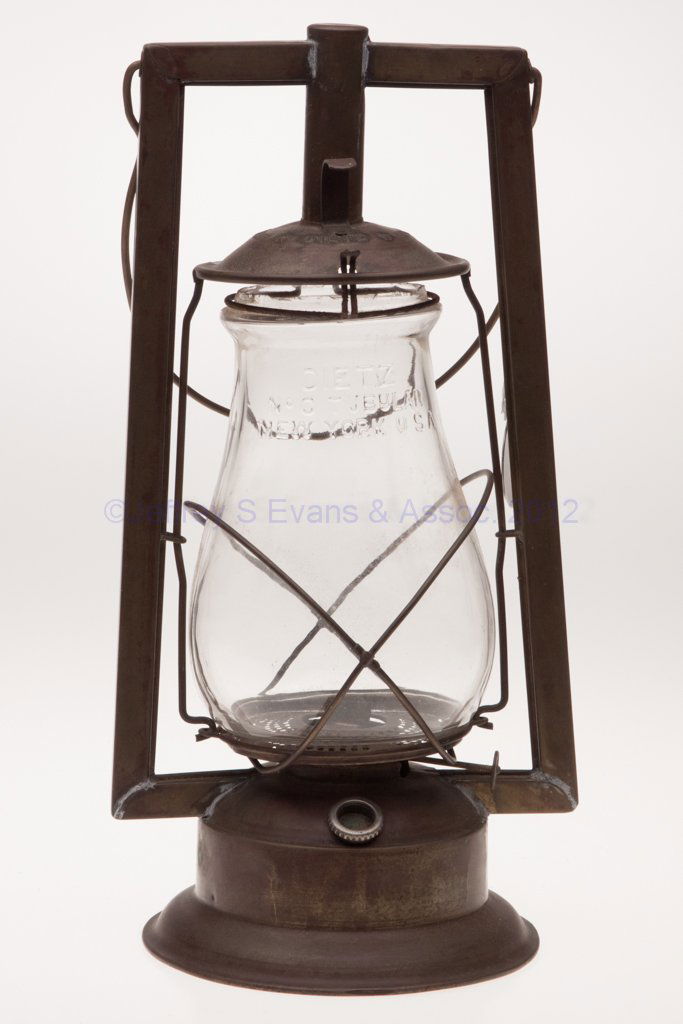 DIETZ "NO. 0. SQUARE LIFT" BRASS HOT BLAST TUBULAR: DIETZ "NO. 0. SQUARE LIFT" BRASS HOT BLAST TUBULAR LANTERN, bail handle, cap marked "DIETZ NO 0. BRASS TUBULAR", underside of base marked "PATENTED / JULY 26.81. / MCH 13.83. / MCH 31.85. / MAY 24.87.
