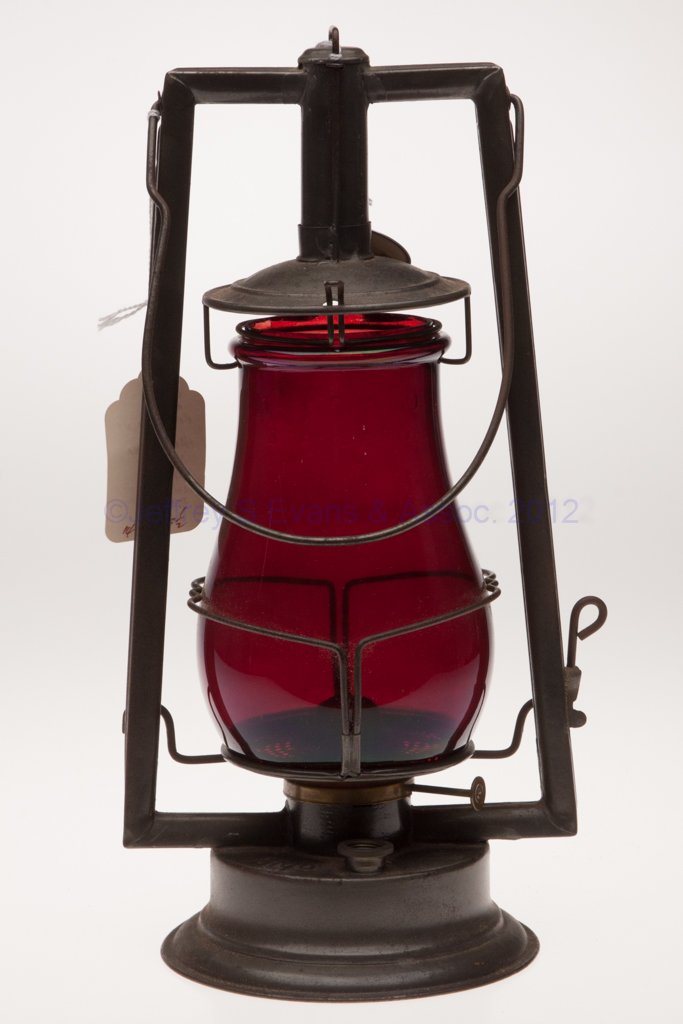 C. T. HAM MANUFACTURING CO. "CLIPPER NO 0" SHEET IR: C. T. HAM MANUFACTURING CO. "CLIPPER NO 0" SHEET IRON HOT BLAST TUBULAR LANTERN, bail handle, font embossed "HAM'S CLIPPER NO 0" and impressed with patent information, side-refill feature, red/ruby Ha