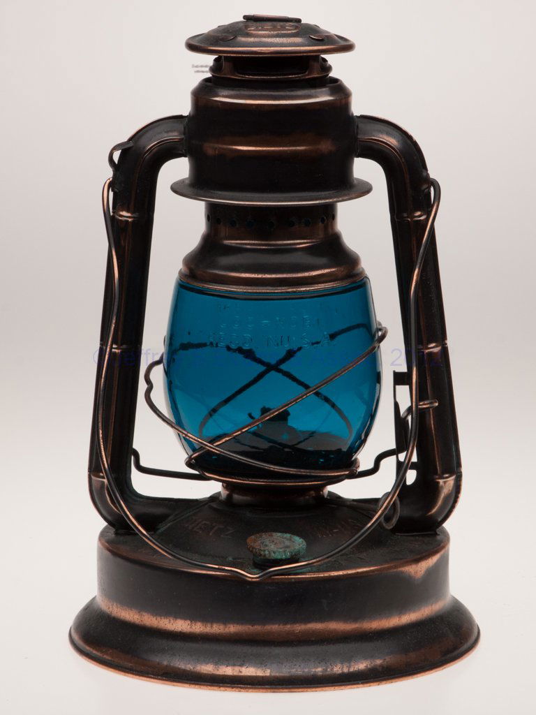 DIETZ "LITTLE GIANT U. S. PROPERTY" SHEET IRON COL: DIETZ "LITTLE GIANT U. S. PROPERTY" SHEET IRON COLD BLAST TUBULAR LANTERN, later black and copper paint finish, bail handle, cap embossed "DIETZ", one tube with various patent dates, font embossed "DI