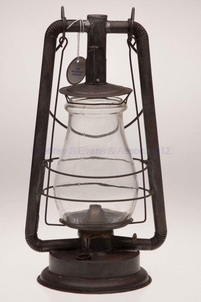 BERGER PATENTED SHEET IRON HOT BLAST TUBULAR LANTE: BERGER PATENTED SHEET IRON HOT BLAST TUBULAR LANTERN, bail handle, central tube with spring release for globe removal and crimped tubes, font embossed "BERGER PATENTED", side-refill feature, colorless