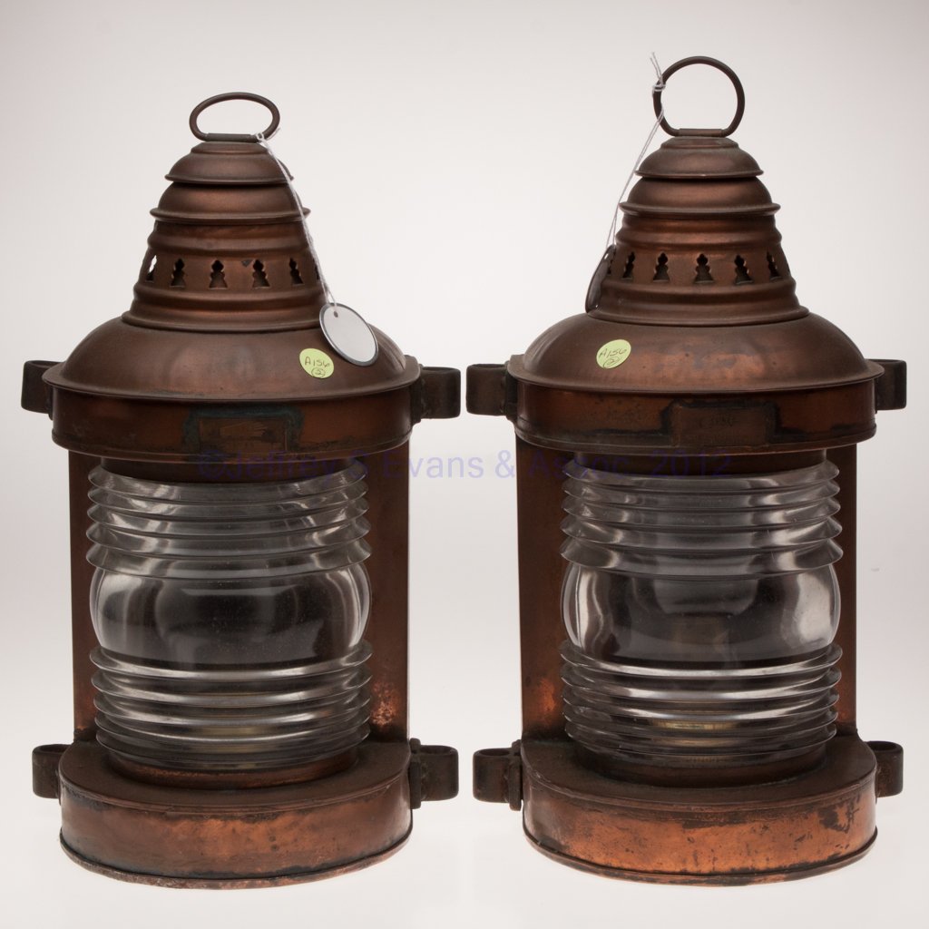 PERKINS "PERKO" COPPER RANGE AND TOWING MARINE LAN: PERKINS "PERKO" COPPER RANGE AND TOWING MARINE LANTERNS, PAIR, flat back with ring handle, top and bottom each with two mounting lugs, maker's plate marked "PERKO / PERKINS MARINE LAMP & HARDWARE CORP