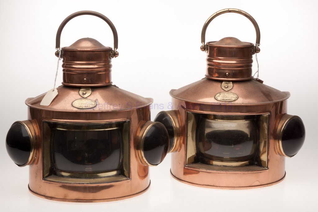 DAVEY & CO. BRASS AND COPPER COMBINATION MARINE LA: DAVEY & CO. BRASS AND COPPER COMBINATION MARINE LANTERNS, SET OF TWO, bail handle, flat back with hinged door and non-matching mounting brackets, cover with maker's plate marked "DAVEY & CO / LONDON L