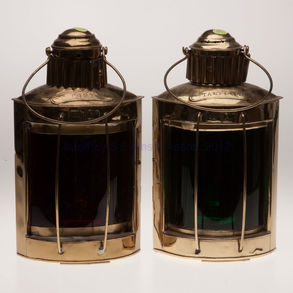 GEO. H. MASON & CO. BRASS PORT AND STARBOARD MARIN: GEO. H. MASON & CO. BRASS PORT AND STARBOARD MARINE LANTERNS, SET OF TWO, polished, bail handle, triangular form with two flat sides, one side fitted with mounting bracket and other with hinged door, 
