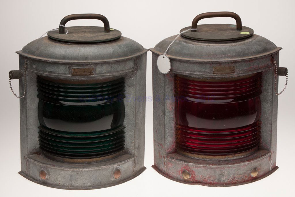 PERKINS "PERKO" GALVANIZED SHEET IRON ELECTRIC SID: PERKINS "PERKO" GALVANIZED SHEET IRON ELECTRIC SIDE MARINE LIGHTS, SET OF TWO, one example with traces of red paint, triangular form with mounting brackets, cast bronze cover with handle and underside