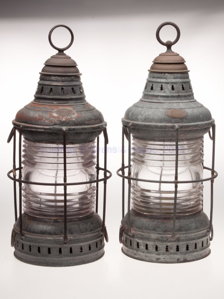 PERKINS "PERKO" BRASS AND GALVANIZED SHEET IRON MA: PERKINS "PERKO" BRASS AND GALVANIZED SHEET IRON MARINE LANTERNS, PAIR, one example with traces of red paint, ring handle, brass maker's plate marked "PERKINS MARINE LAMP & HDWE. CORP / PERKO / BROOKLY