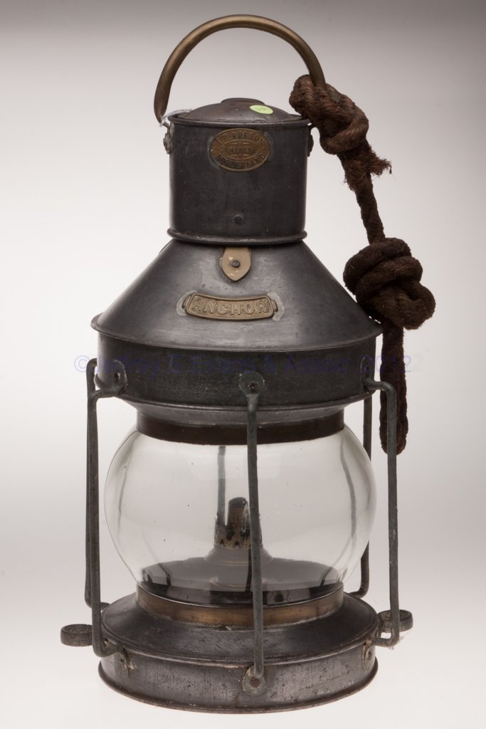 T. R. ROBSON BRASS AND GALVANIZED SHEET IRON ANCHO: T. R. ROBSON BRASS AND GALVANIZED SHEET IRON ANCHOR MARINE LANTERN, bail handle, two tie-down lugs, brass maker's plate marked "T. R. ROBSON MAKER / SUNDERLAND" and "ANCHOR", colorless 360 degree fixe